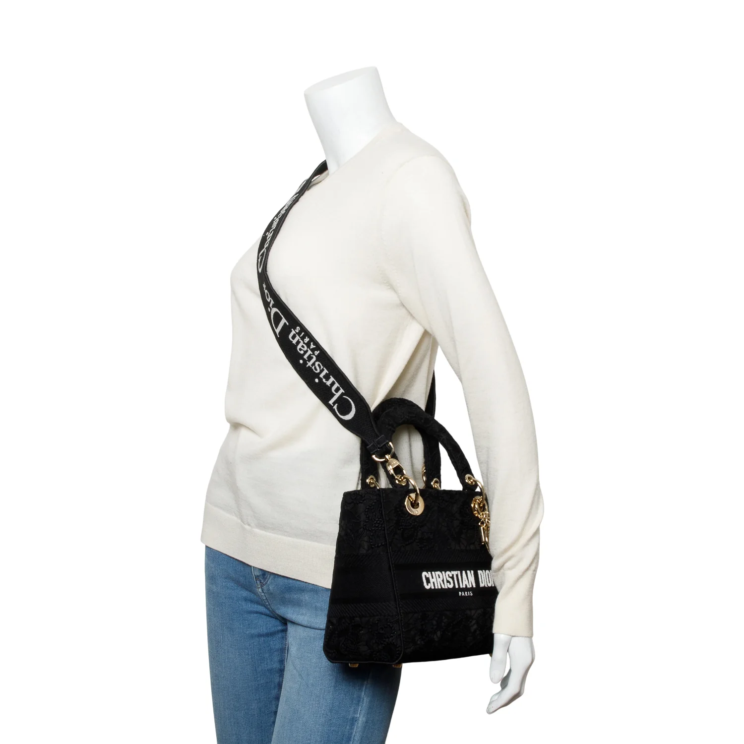 Christian Dior 2023 Black Canvas Medium Lady D-Lace Bag w/ Strap & Box - Image 2