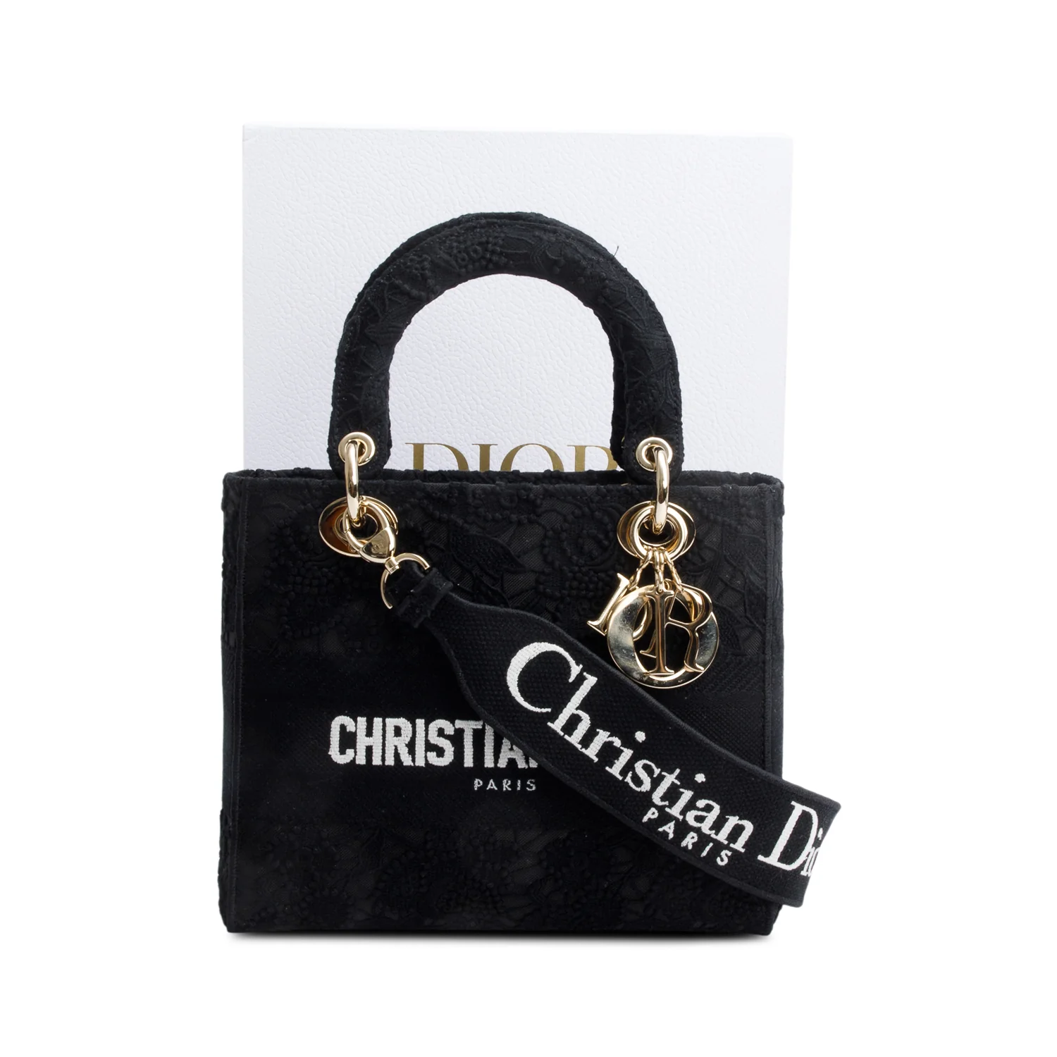 Christian Dior 2023 Black Canvas Medium Lady D-Lace Bag w/ Strap & Box - Image 3