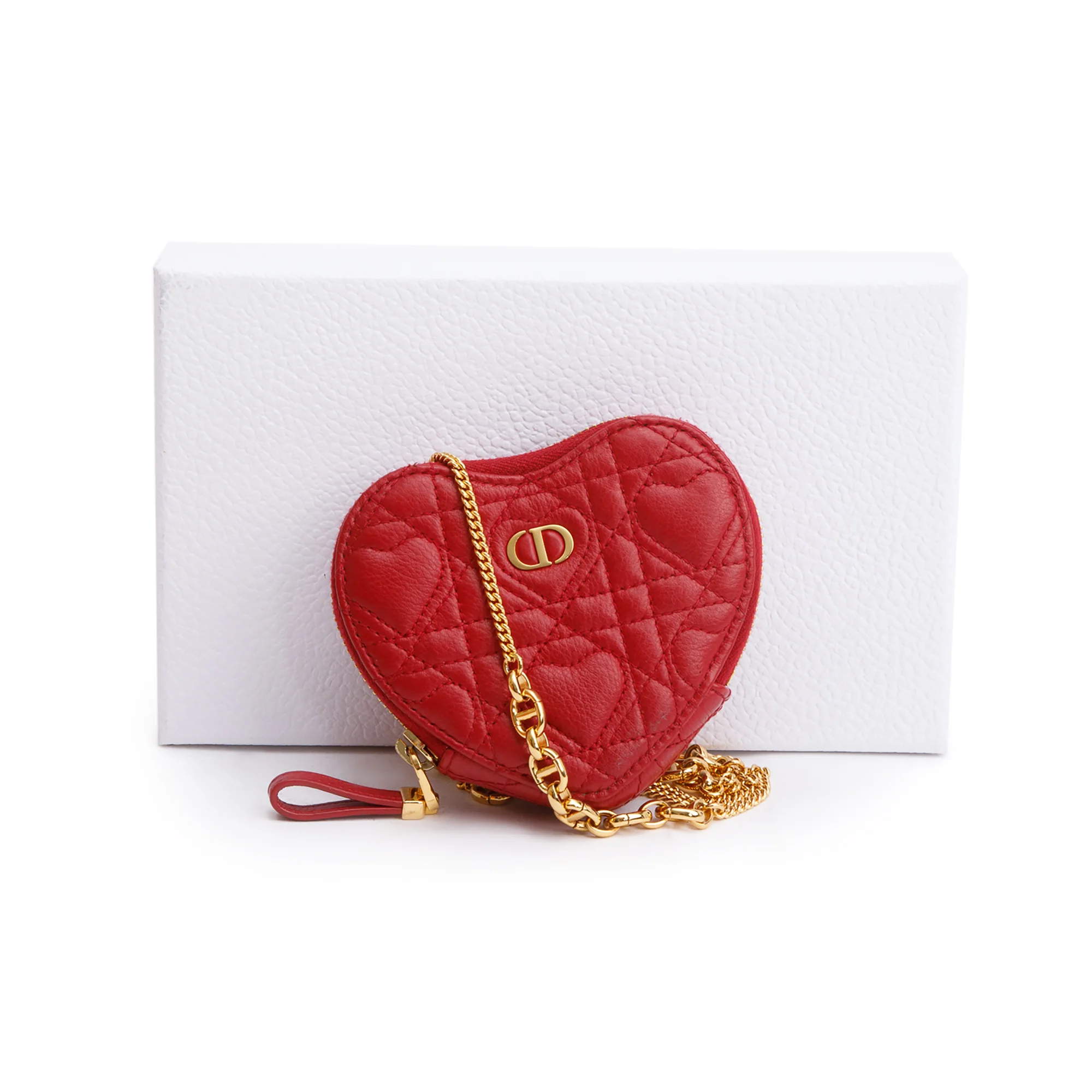 Christian Dior 2023 Red Cannage Calfskin Leather Dioramour Caro Heart Chain Pouch w/ Box - Image 3