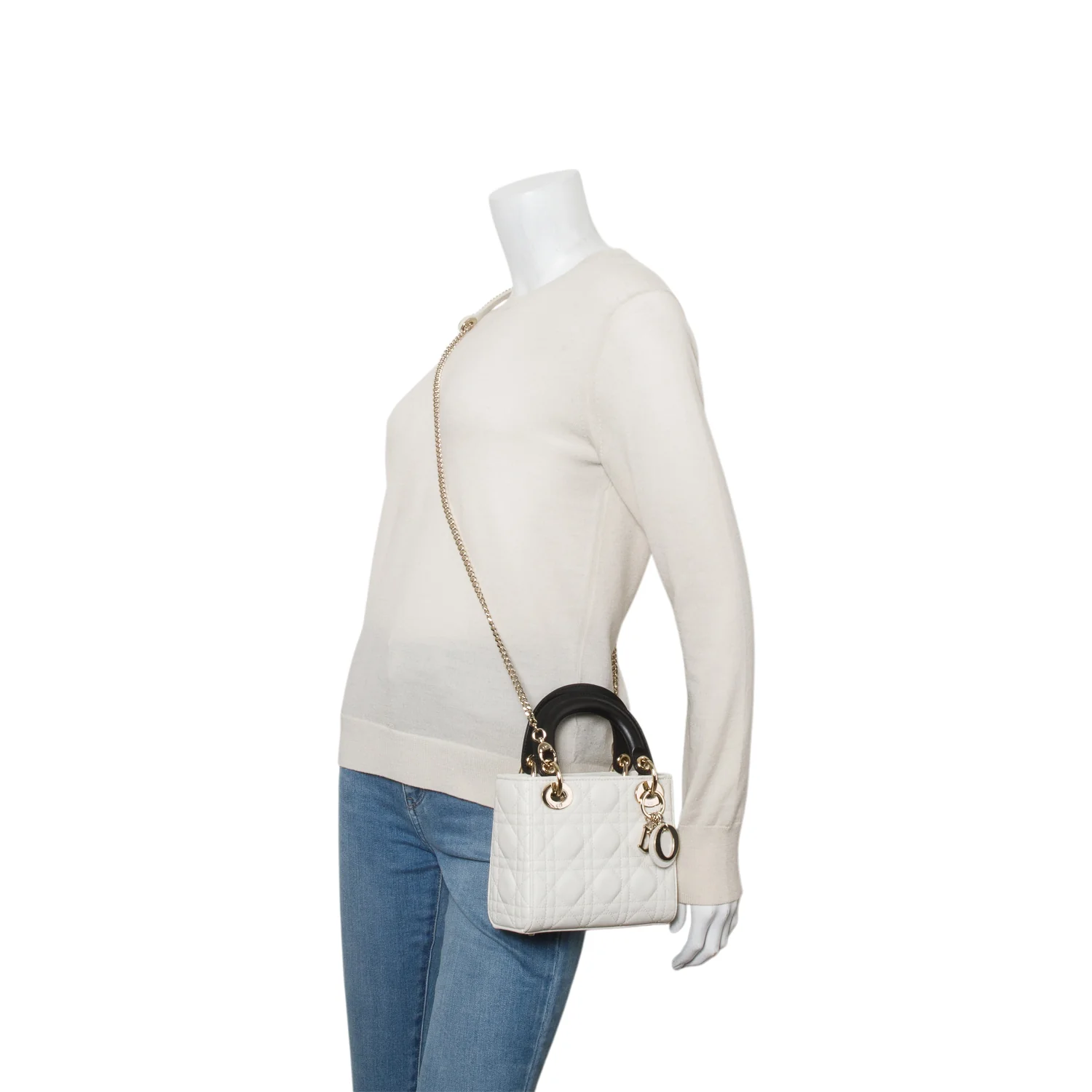 Christian Dior 2024 White Black Lambskin Cannage Mini Lady Dior w/ Strap - Image 2