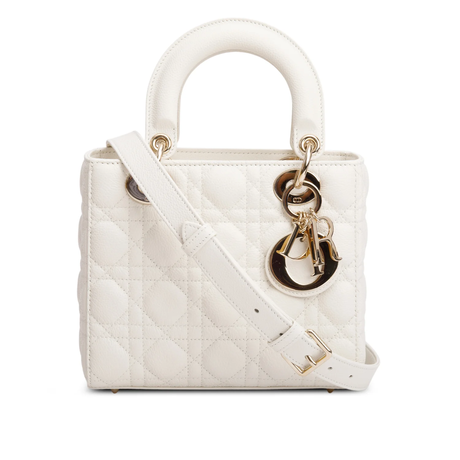 Christian Dior 2024 White Grained Cannage Calfskin Leather Small Lady Dior Bag w/ Box & Strap