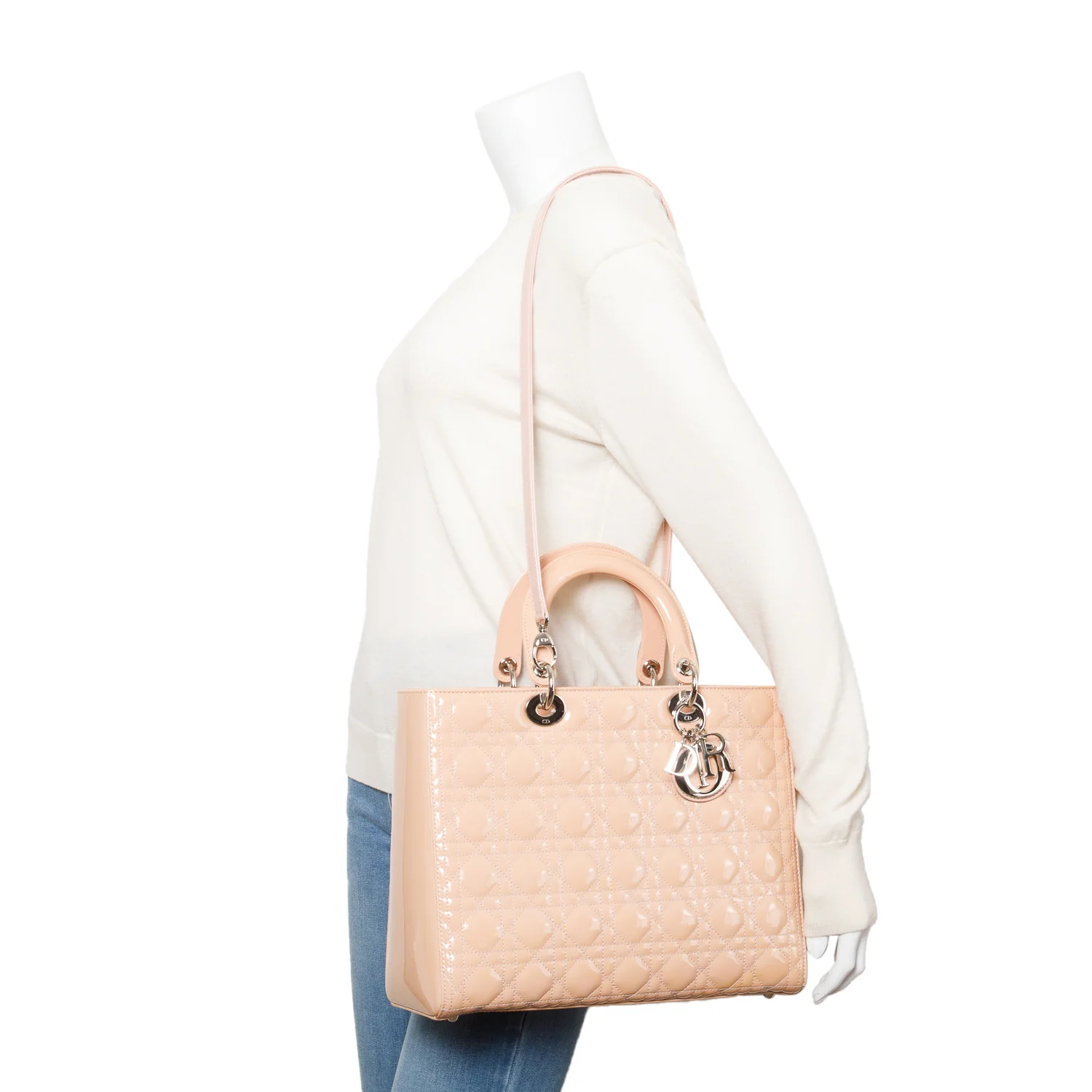 Christian Dior Beige Cannage Patent Leather Large Lady Dior Bag w/ Strap, Box & Authenticity Card - Image 2