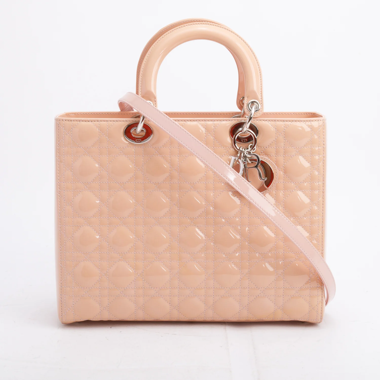 Christian Dior Beige Cannage Patent Leather Large Lady Dior Bag w/ Strap, Box & Authenticity Card - Image 3