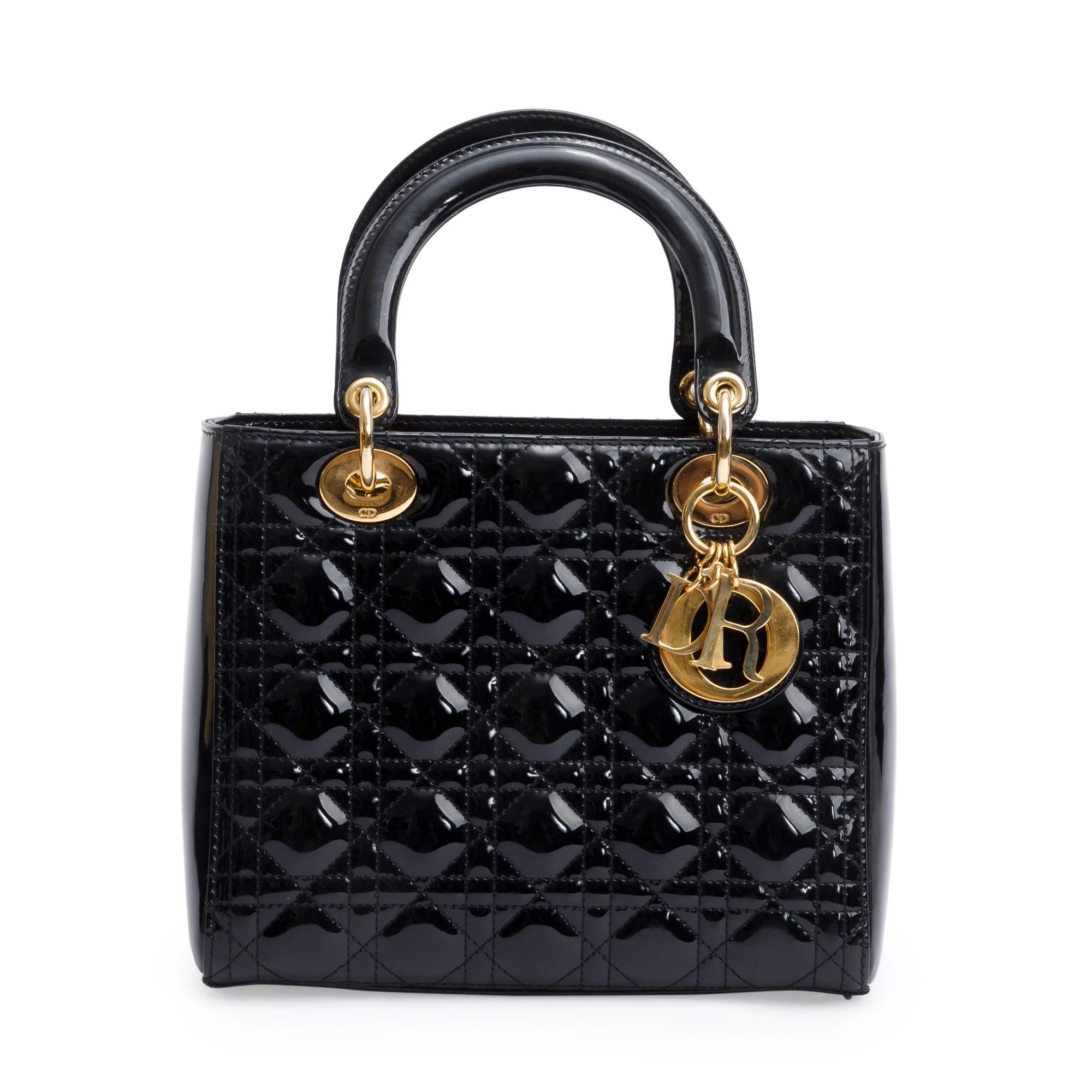 Christian Dior Black Cannage Patent Leather Medium Lady Dior Bag w/ Strap - Image 2