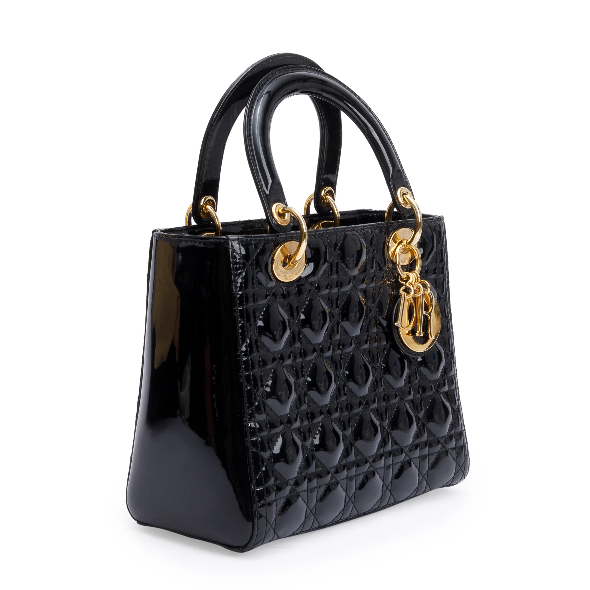 Christian Dior Black Cannage Patent Leather Medium Lady Dior Bag w/ Strap - Image 3