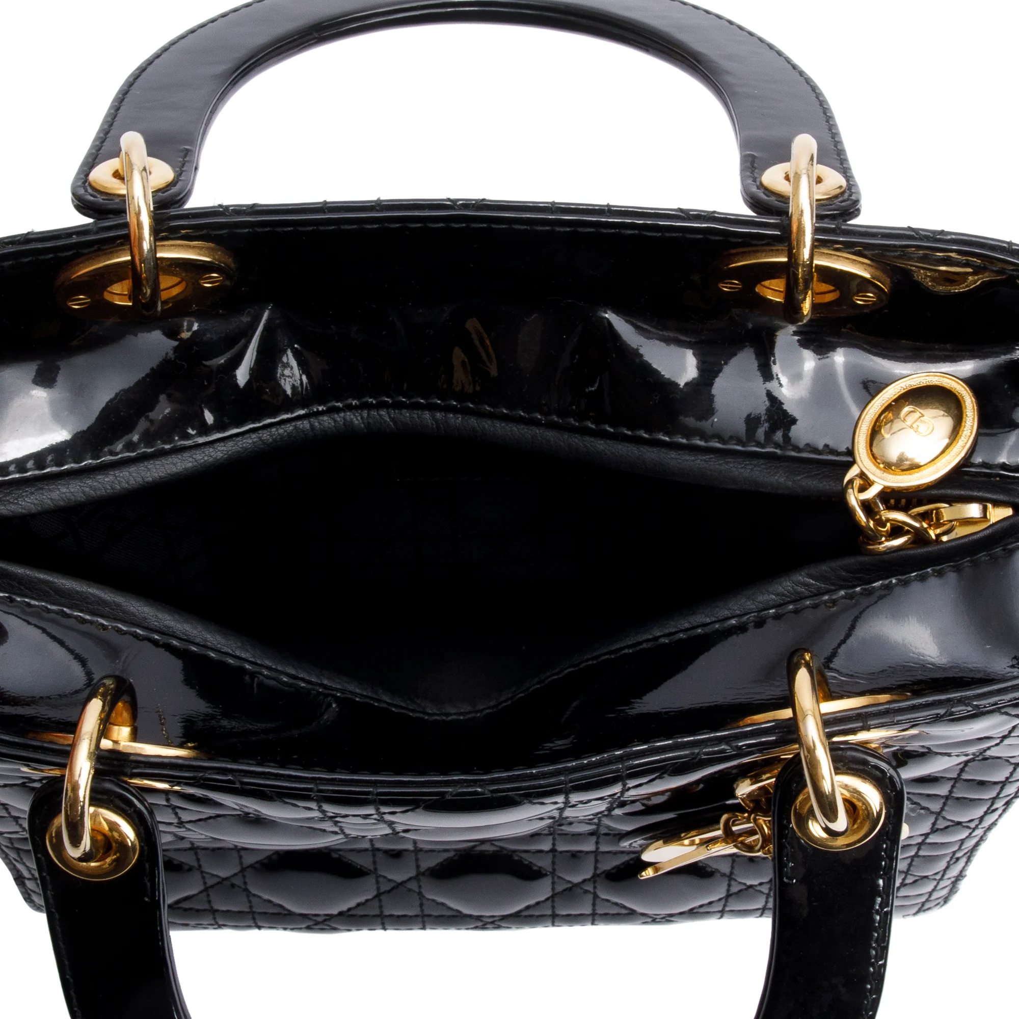 Christian Dior Black Cannage Patent Leather Medium Lady Dior Bag w/ Strap - Image 7