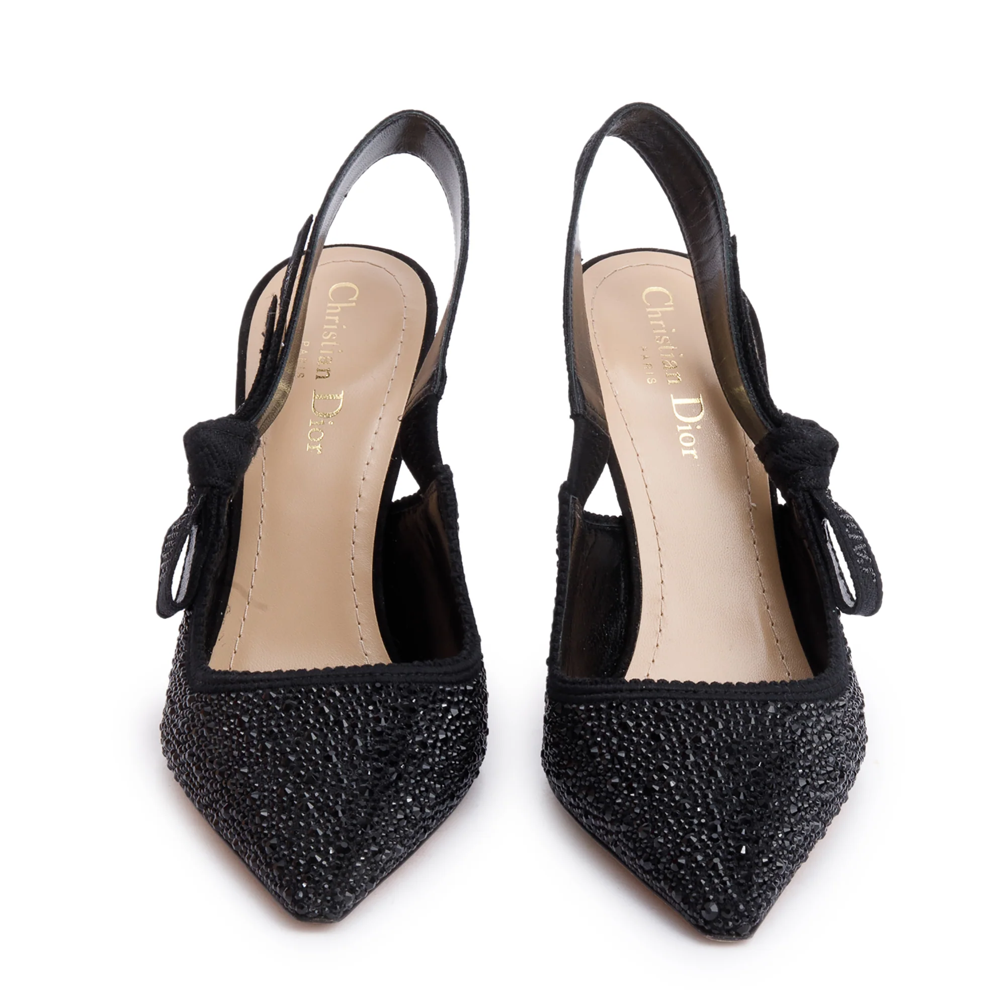 Christian Dior Black Leather Crystal Embellished J'Adior Slingback Pumps, Size 38 w/ Box - Image 4