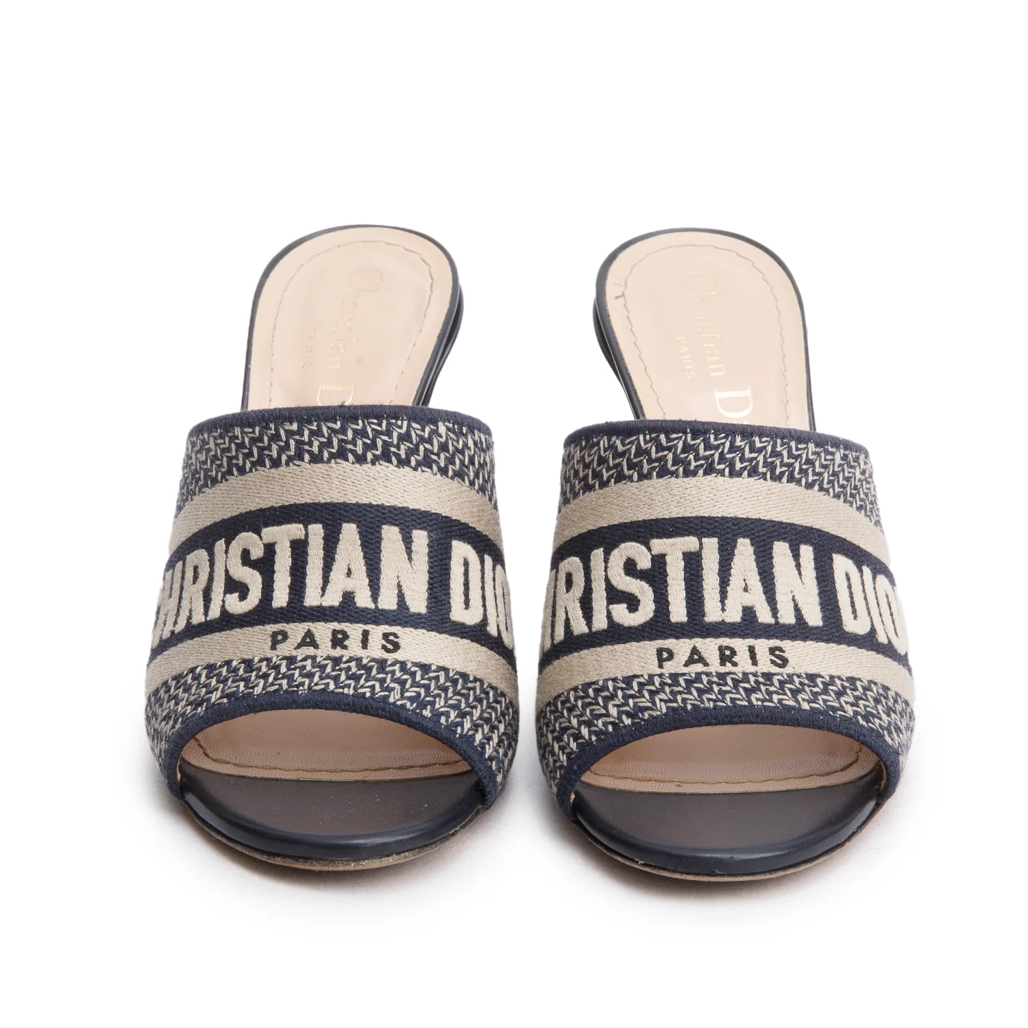 Christian Dior Deep Blue Embroidered Cotton Heeled Dway Slide, Size 35 w/ Box & Authenticity Card