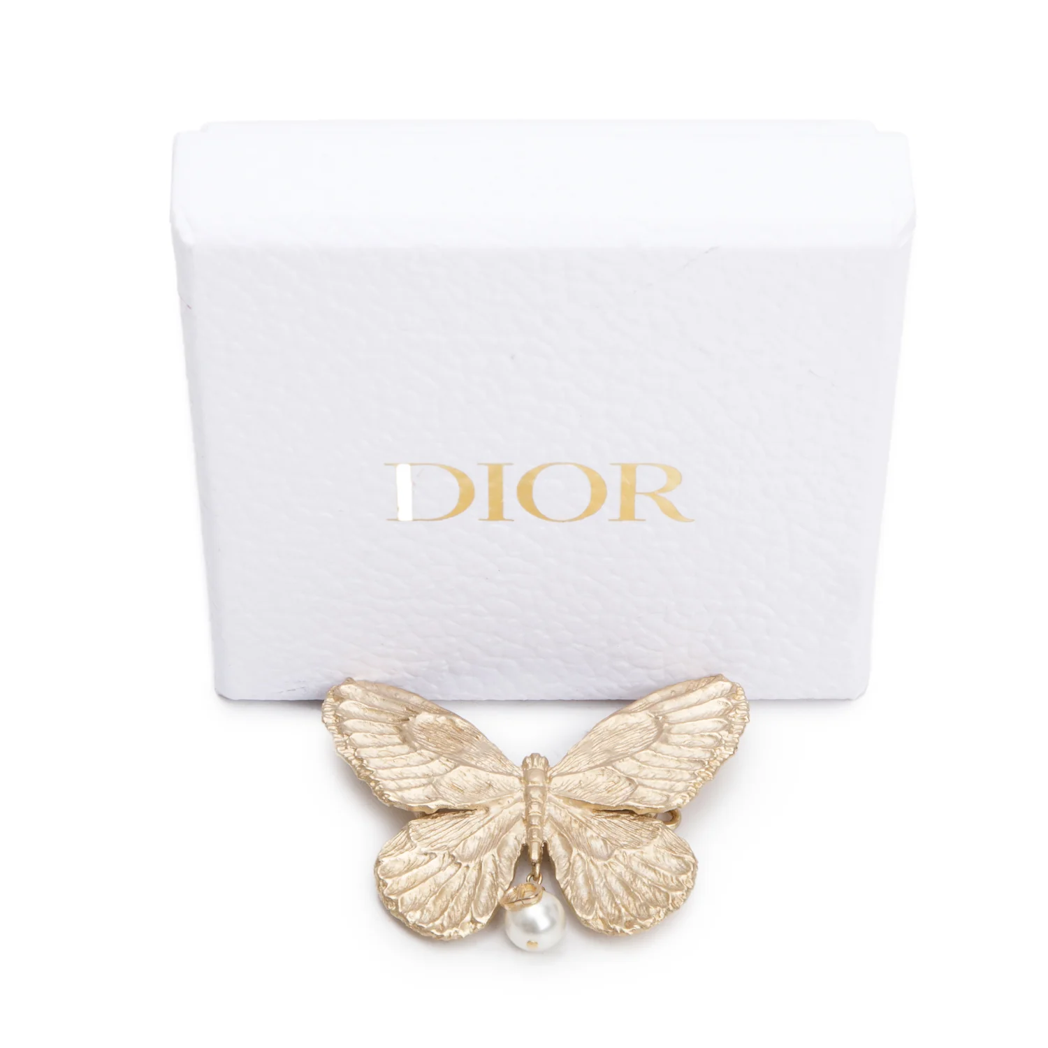 Christian Dior Gold Plated Faux Pearl Buttefly Brooch w/ Box - Image 2