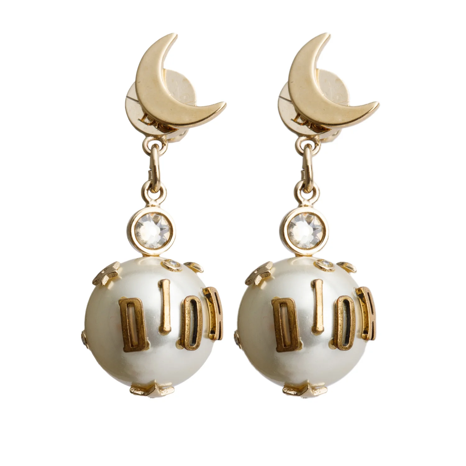 Christian Dior Gold-Plated Metal Faux Pearl Crystal Moon and Stars Tribales Drop Earrings
