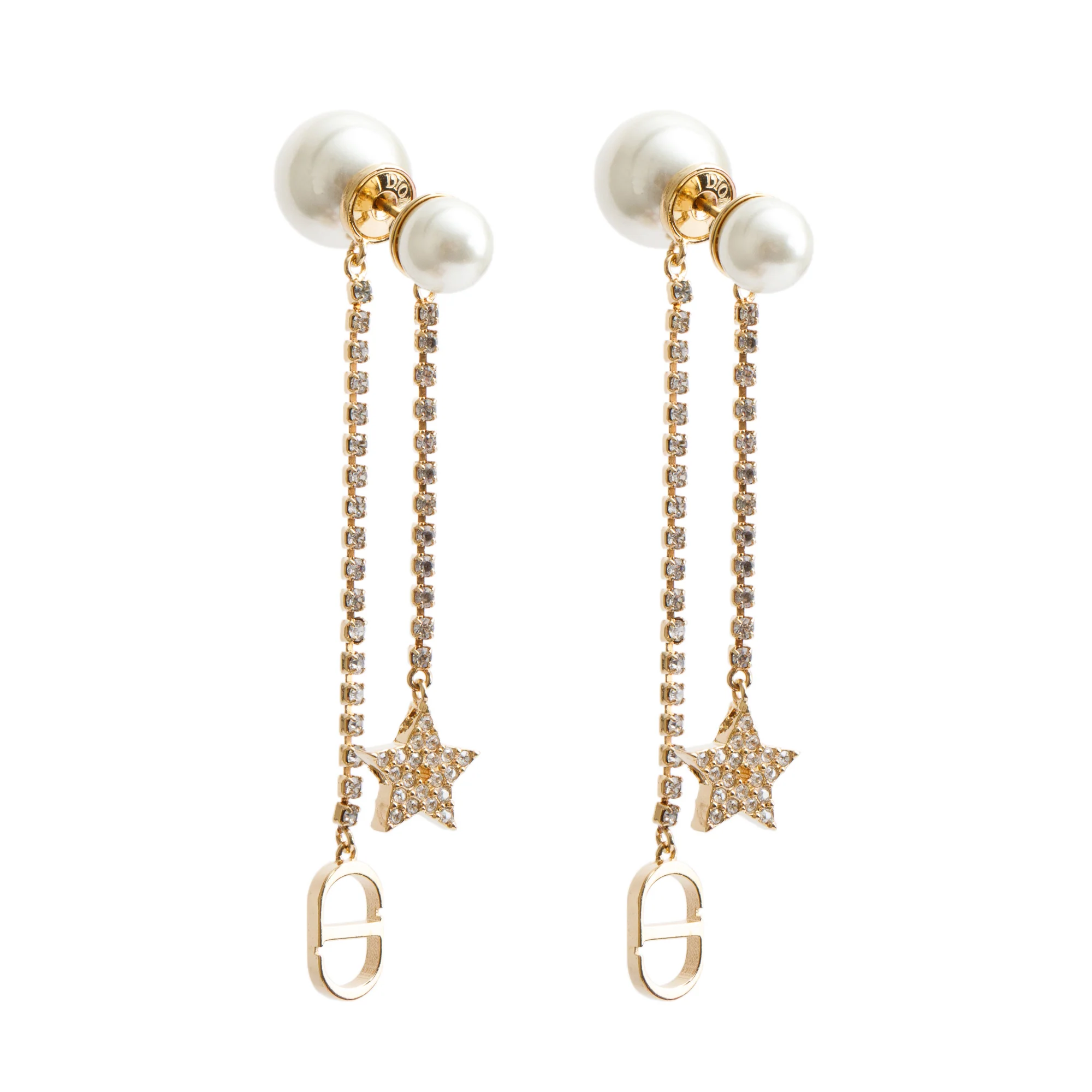 Christian Dior Gold-Tone Metal Faux Pearl & Crystal Tribales CD Drop Earrings w/ Box - Image 2