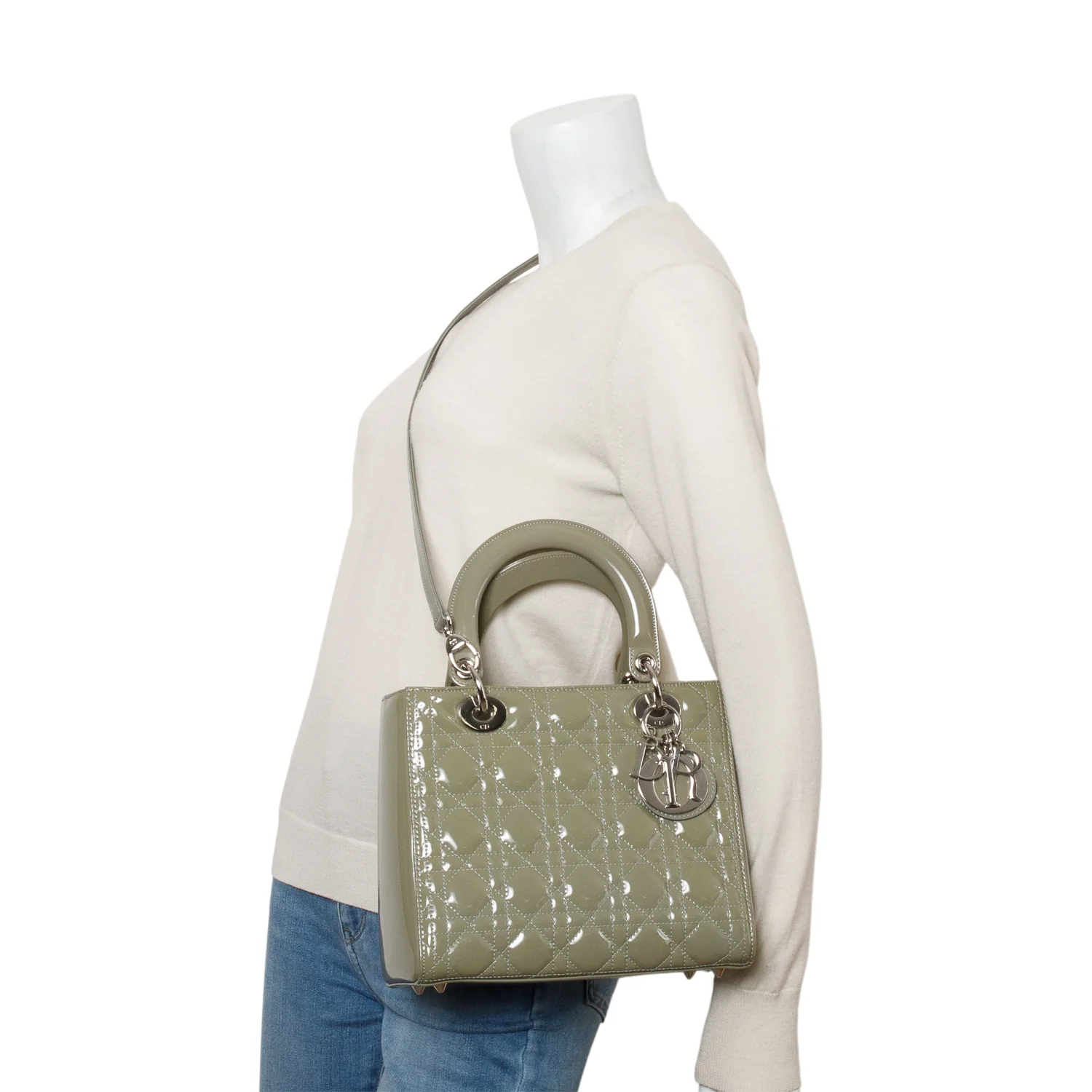 Christian Dior Green Cannage Patent Leather Medium Lady Dior Bag w/ Strap - Image 2