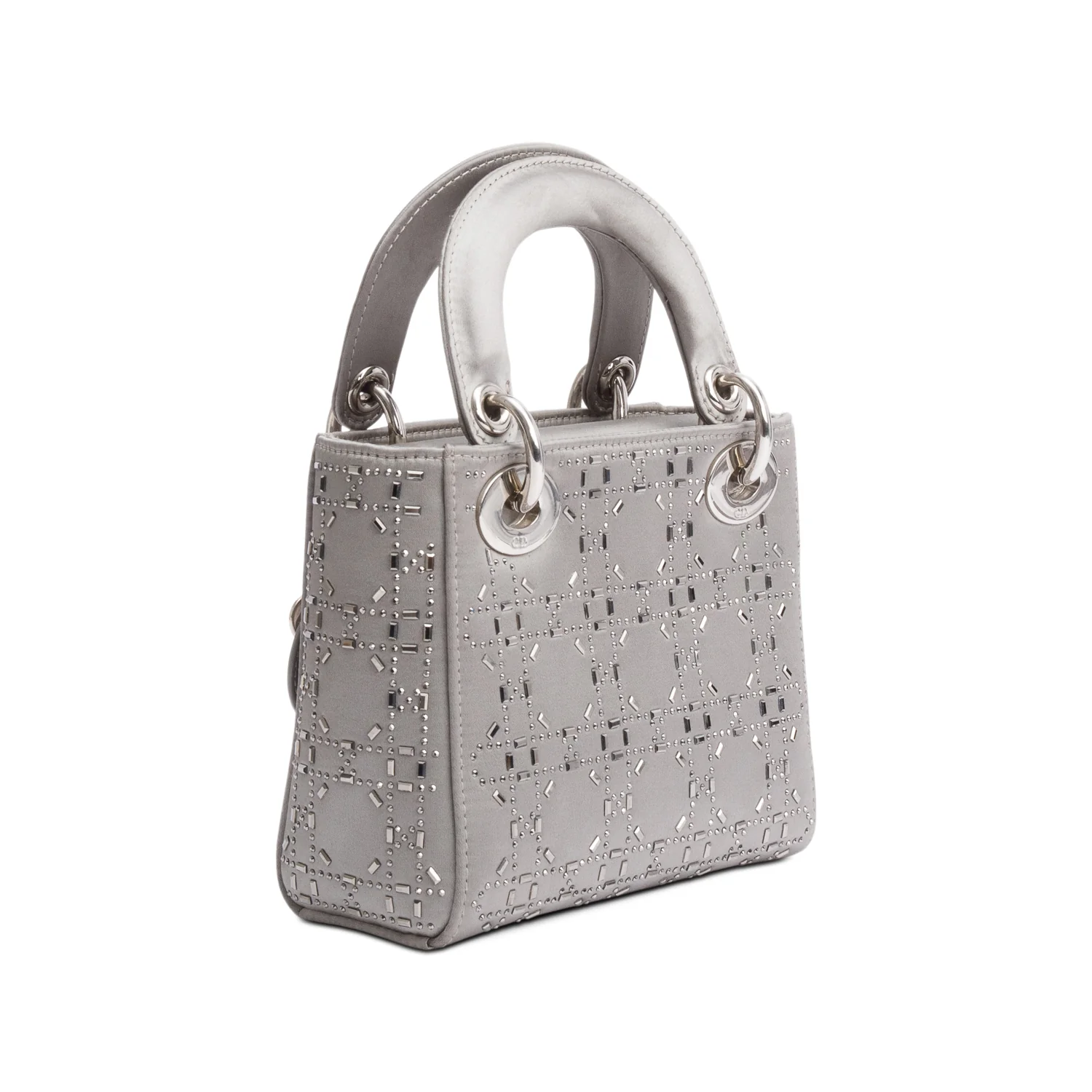 Christian Dior Grey Cannage Satin Crystal Embellished Mini Lady Dior Bag w/ Strap - Image 6