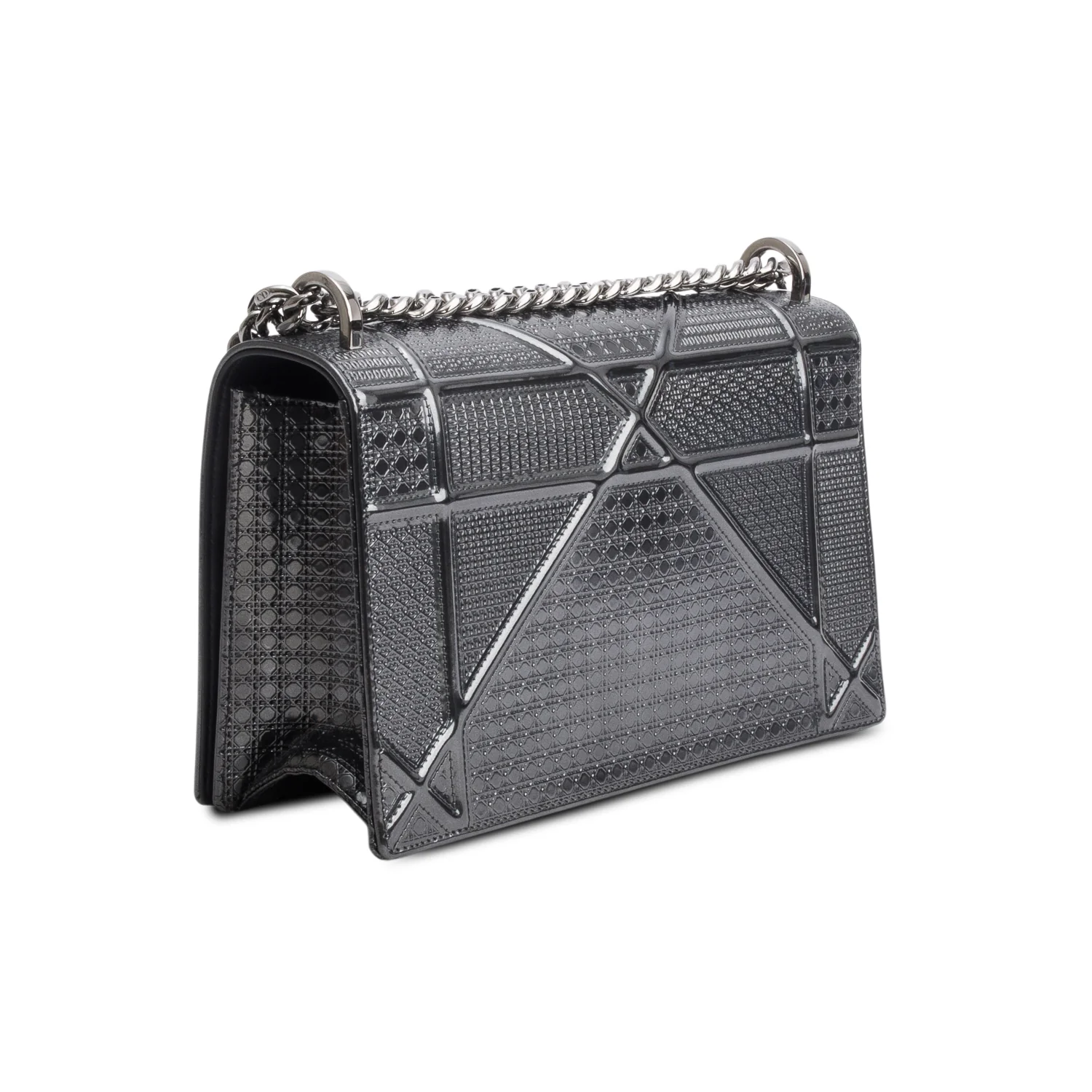 Christian Dior Grey Metallic Patent Micro-Cannage Medium Diorama Flap Bag - Image 6