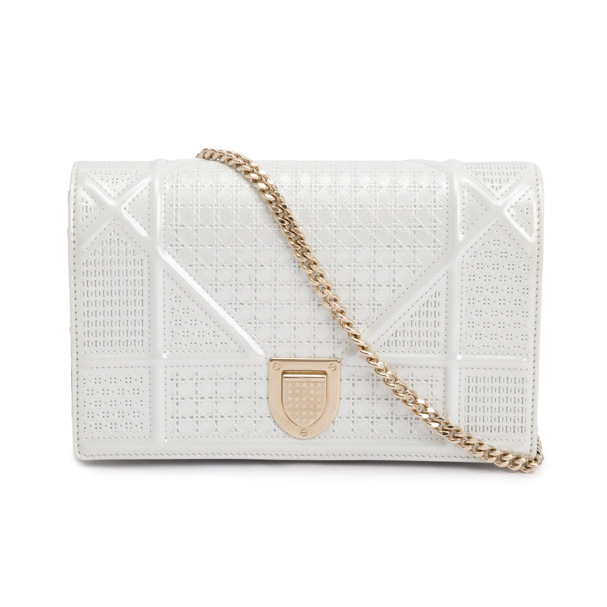 Christian Dior Metallic White Microcannage Patent Leather Diorama Wallet on Chain w/ Box & Authenticity Card