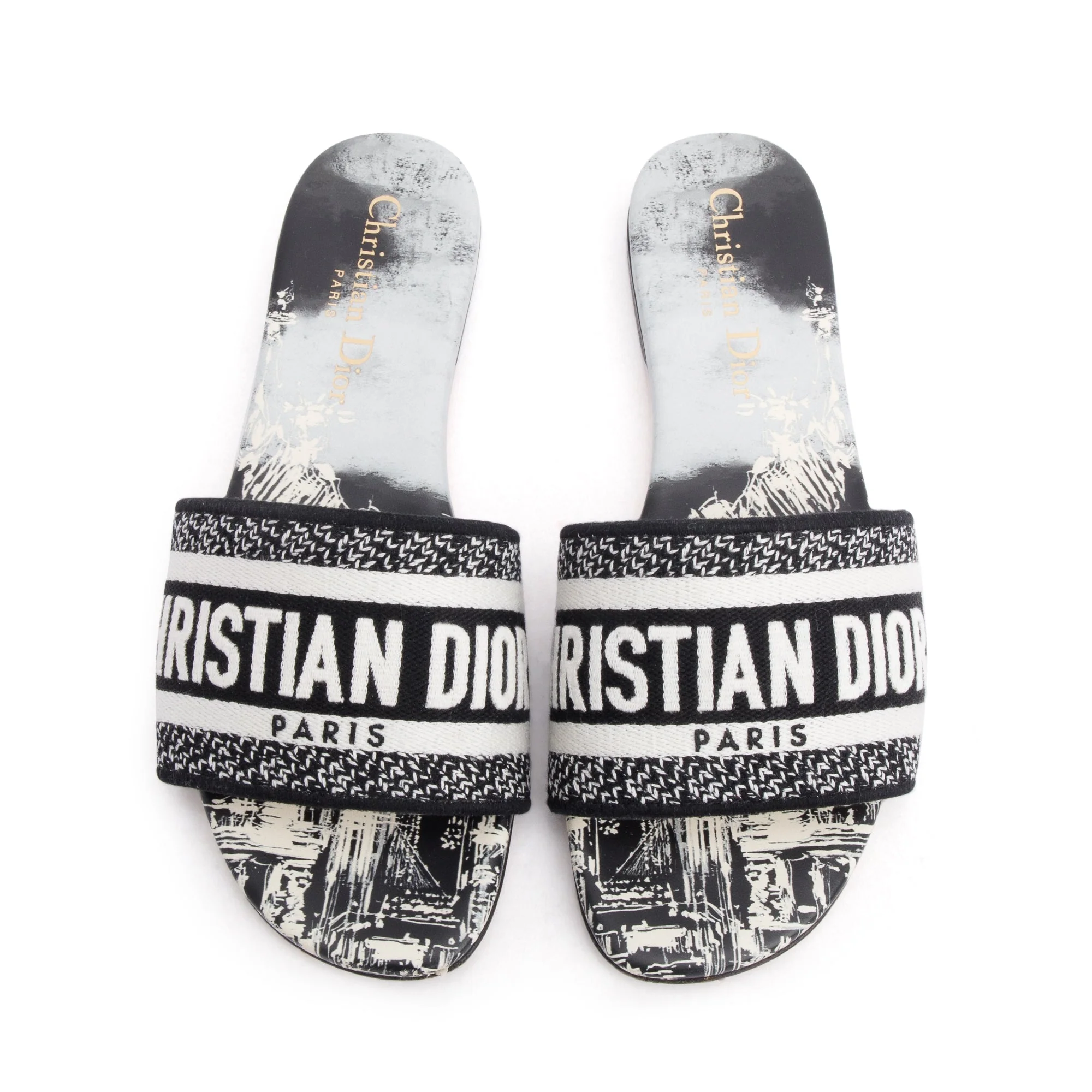 Christian Dior Navy Embroidered Cotton Dway Slide, Size 35 w/ Box