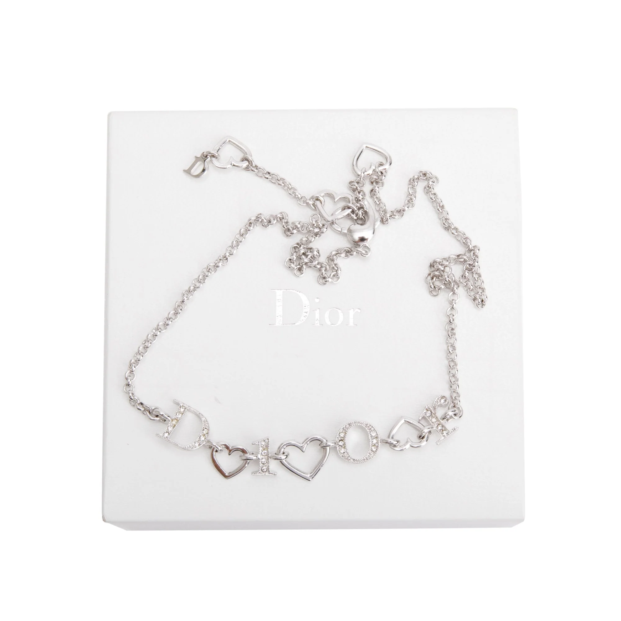 Christian Dior Palladium Plated Crystal Logo Heart Necklace w/ Box - Image 3
