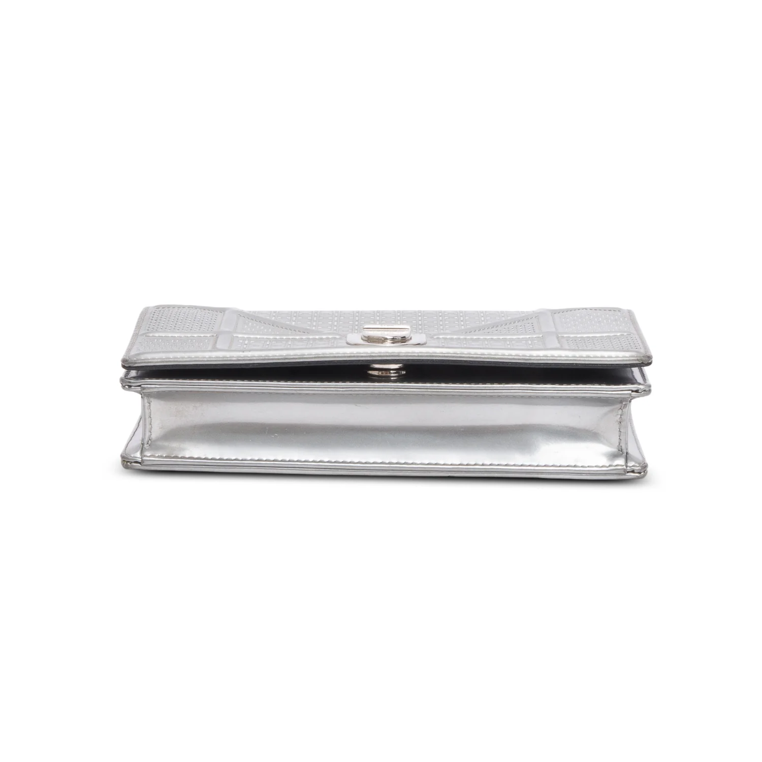 Christian Dior Silver Metallic Patent Calfskin Micro-Cannage Diorama Wallet on Chain - Image 7