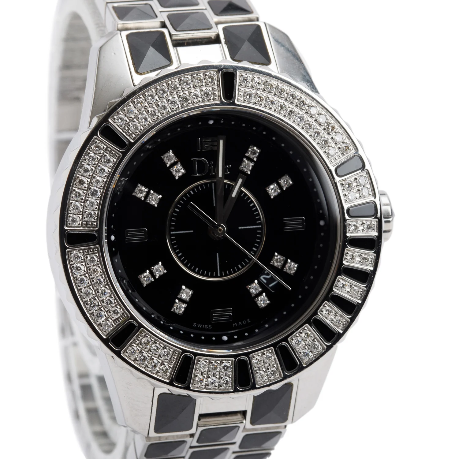 Christian Dior Stainless Steel Christal Diamond Bezel 33 MM Quartz Watch Black Diamond Dial CD114311 - Image 2