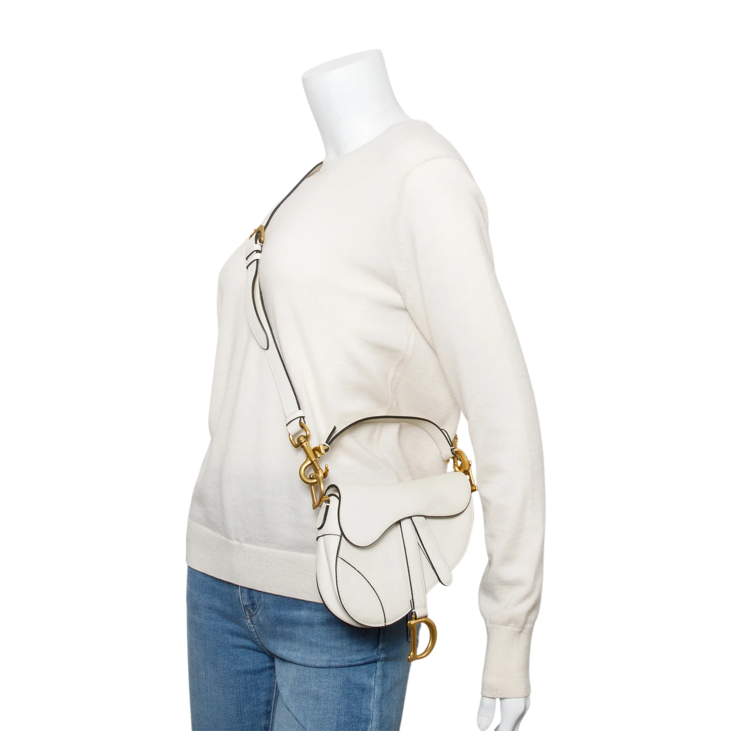 Christian Dior White Grained Calfskin Leather Mini Saddle Bag w/ Strap - Image 2