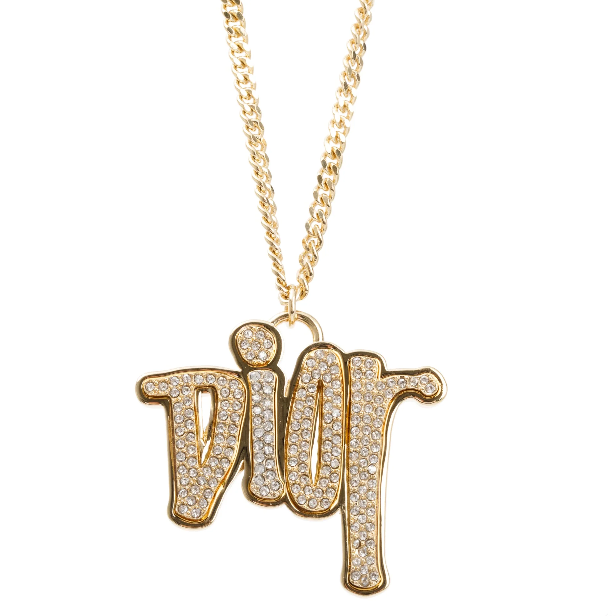 Christian Dior x Shawn Stussy Gold-Tone Crystal Logo Pendant Necklace - Image 6