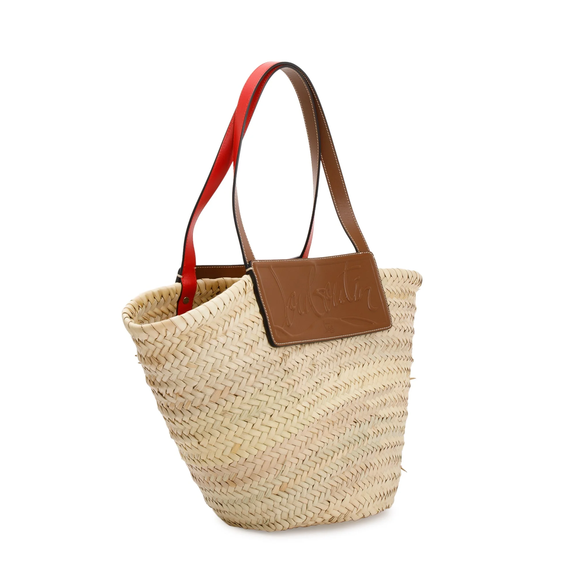 Christian Louboutin 2022 Neutral Woven Straw & Brown Calf Leather Loubishore Tote Bag w/ Receipt - Image 3