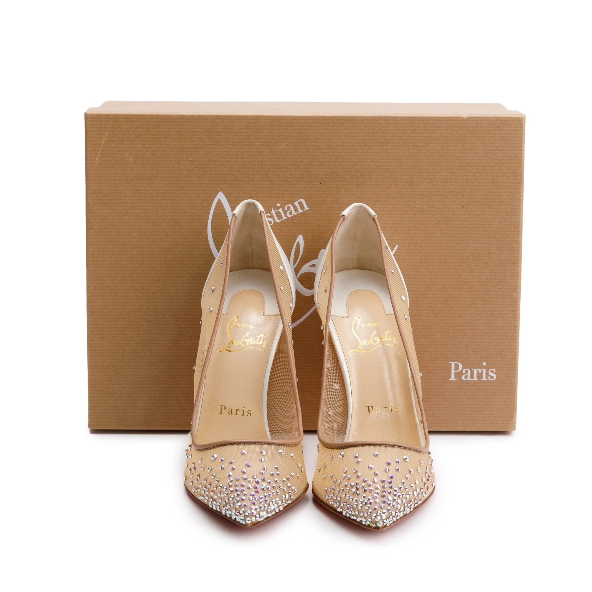 Christian Louboutin Beige Mesh White Leather Follies Strass Pumps, Size 37 w/ Box - Image 2