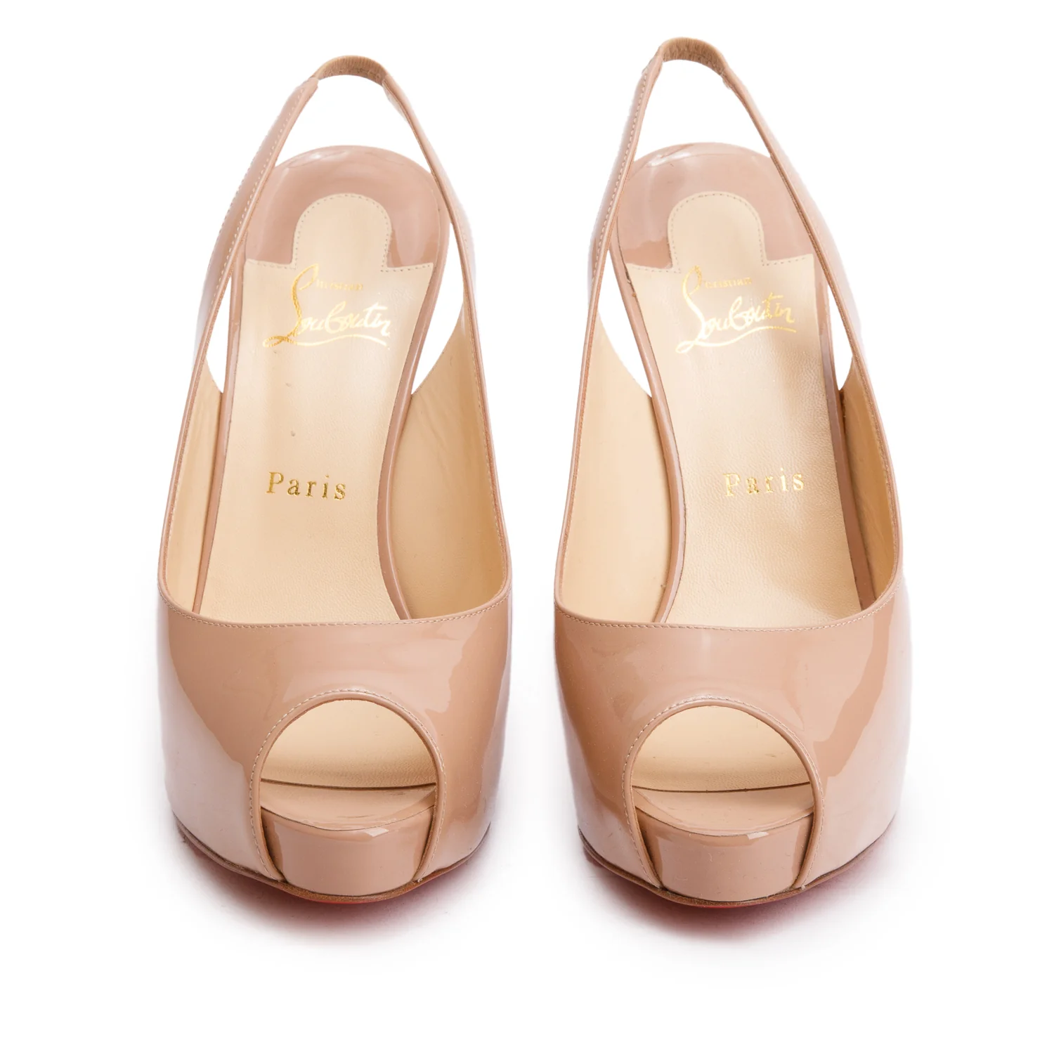 Christian Louboutin Beige Patent Leather Georgette Slingback Pumps, Size 39 w/ Box