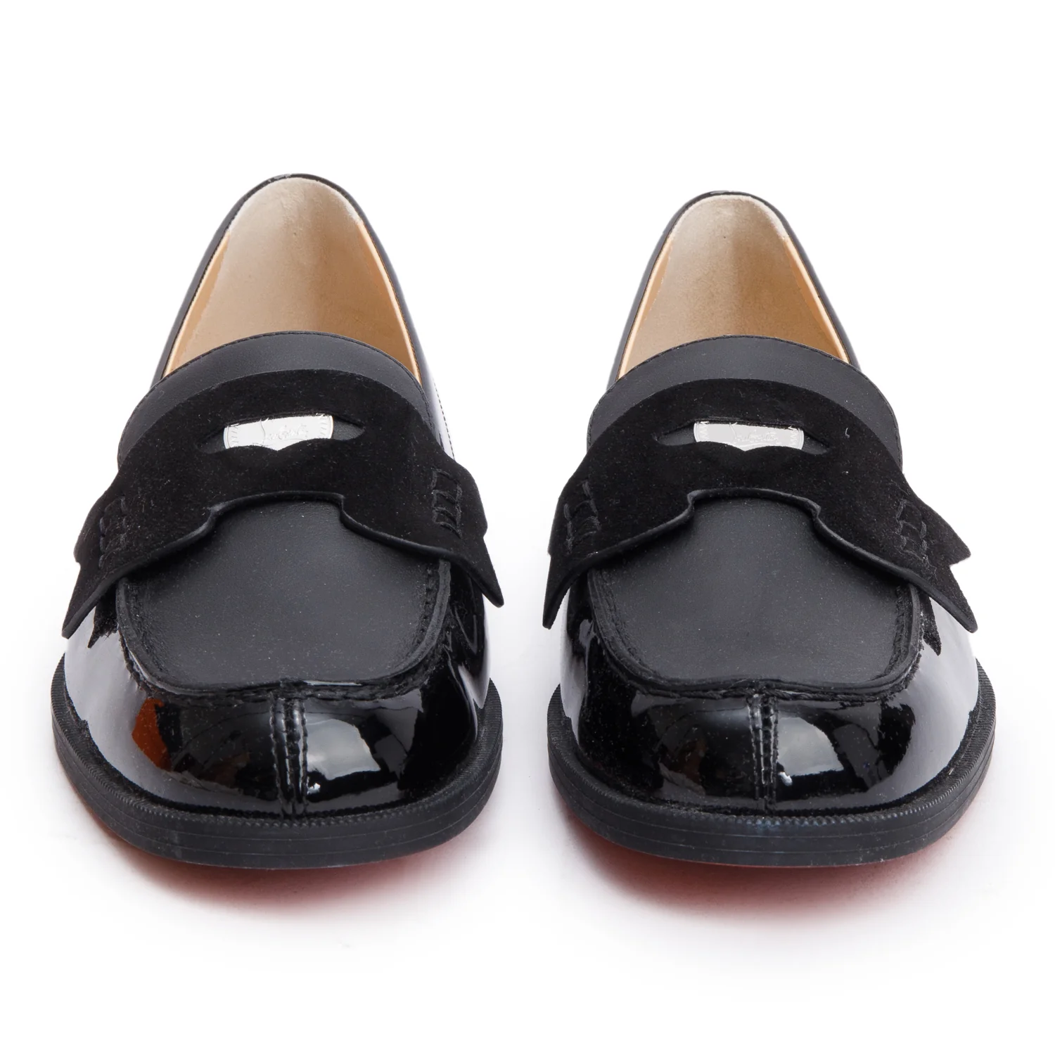 Christian Louboutin Black Patent Leather Suede Mini Penny Flat Shoes, Size 35 w/ Box - Image 4
