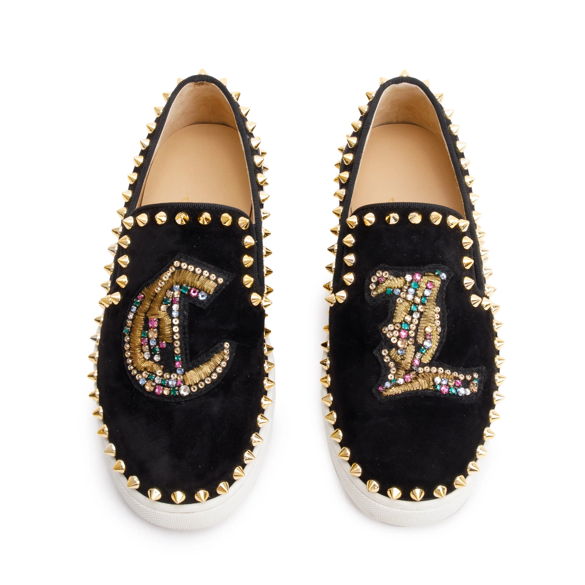 Christian Louboutin Black Suede crystal Embellished Spike Slide Sneakers, Size 34 w/ Box