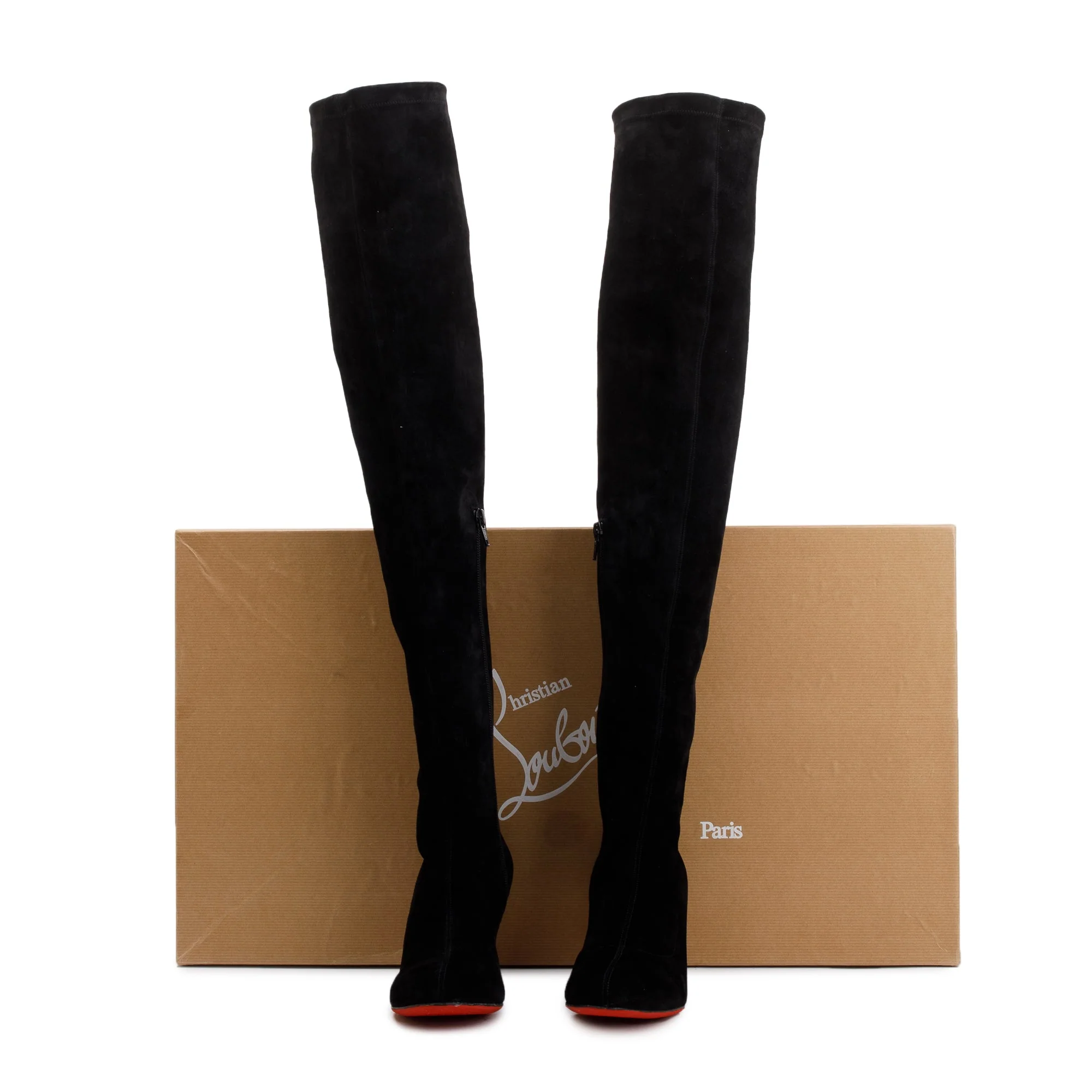 Christian Louboutin Black Veau Velours Stretch Alta Top 70 Boots, Size 37 w/ Box - Image 2