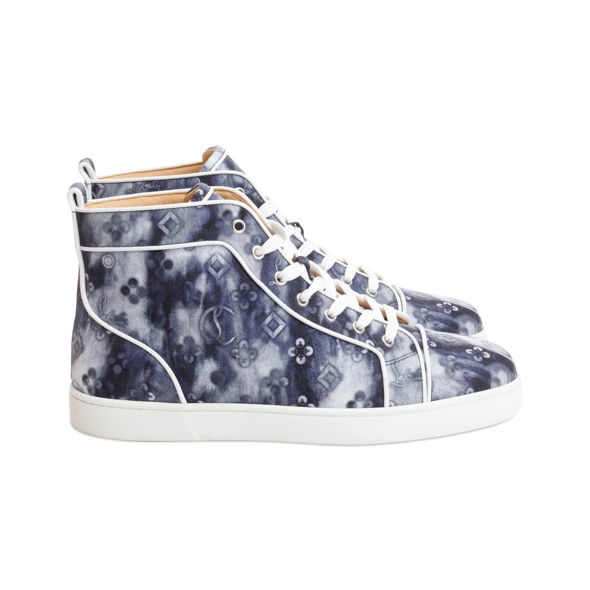 Christian Louboutin Grey Printed Canvas Louis Melon Spikes Orlato High-Top Sneakers, Size 43.5 w/ Box - Image 3