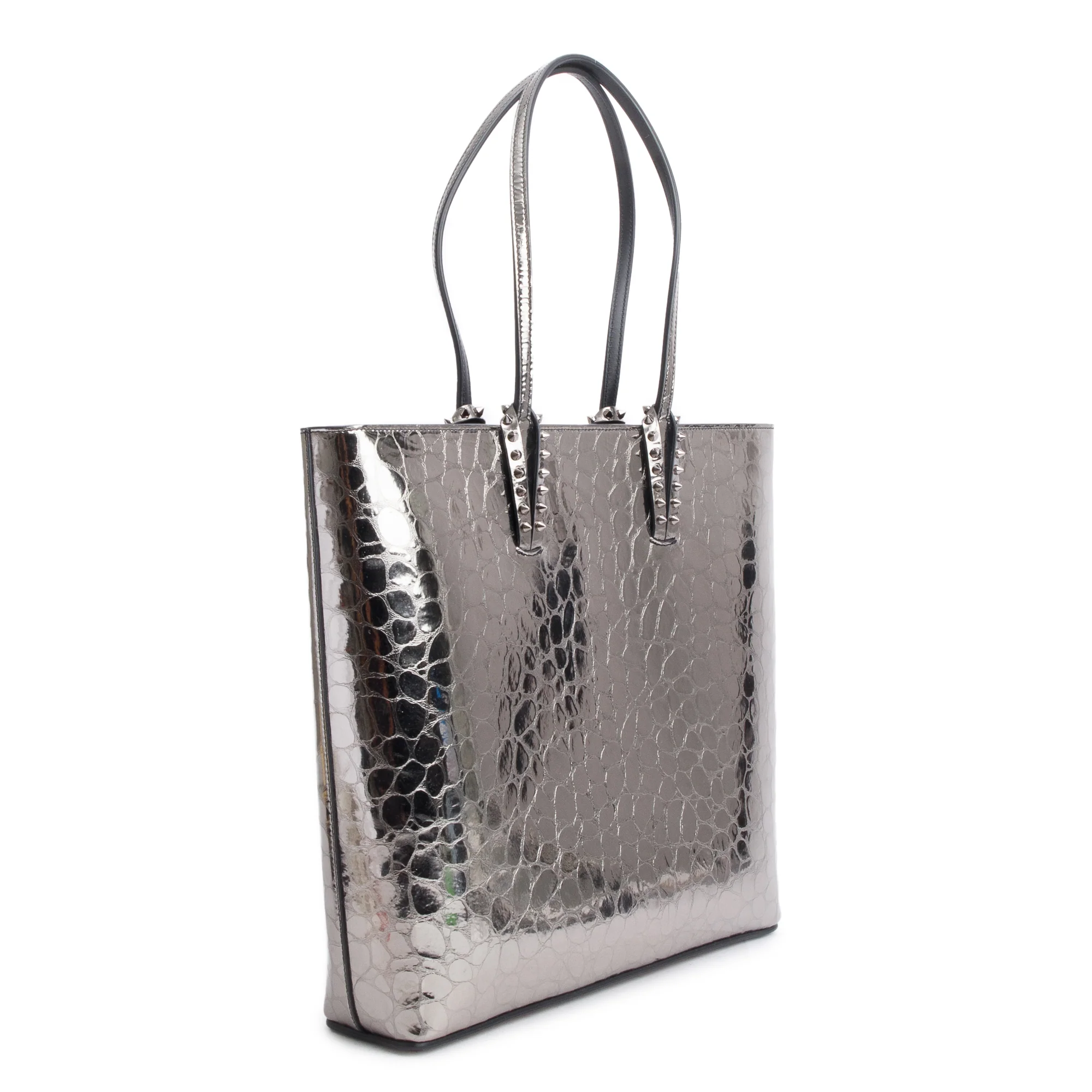 Christian Louboutin Silver Metallic Croc Embossed Patent Leather Spike Cabata Tote Bag - Image 2