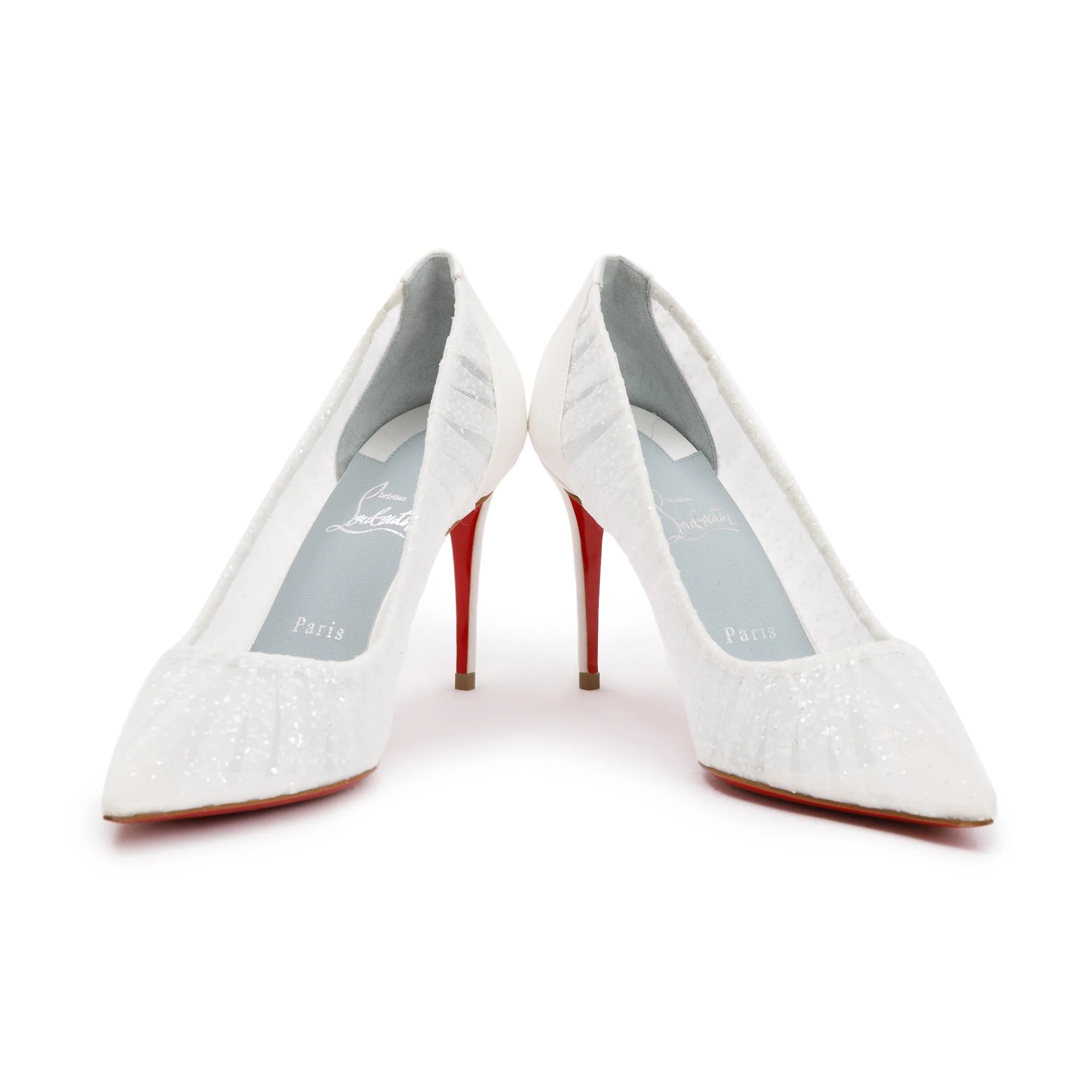 Christian Louboutin White Satin Lace Glitter Kate Draperia Pumps, Size 40 w/ Box - Image 6