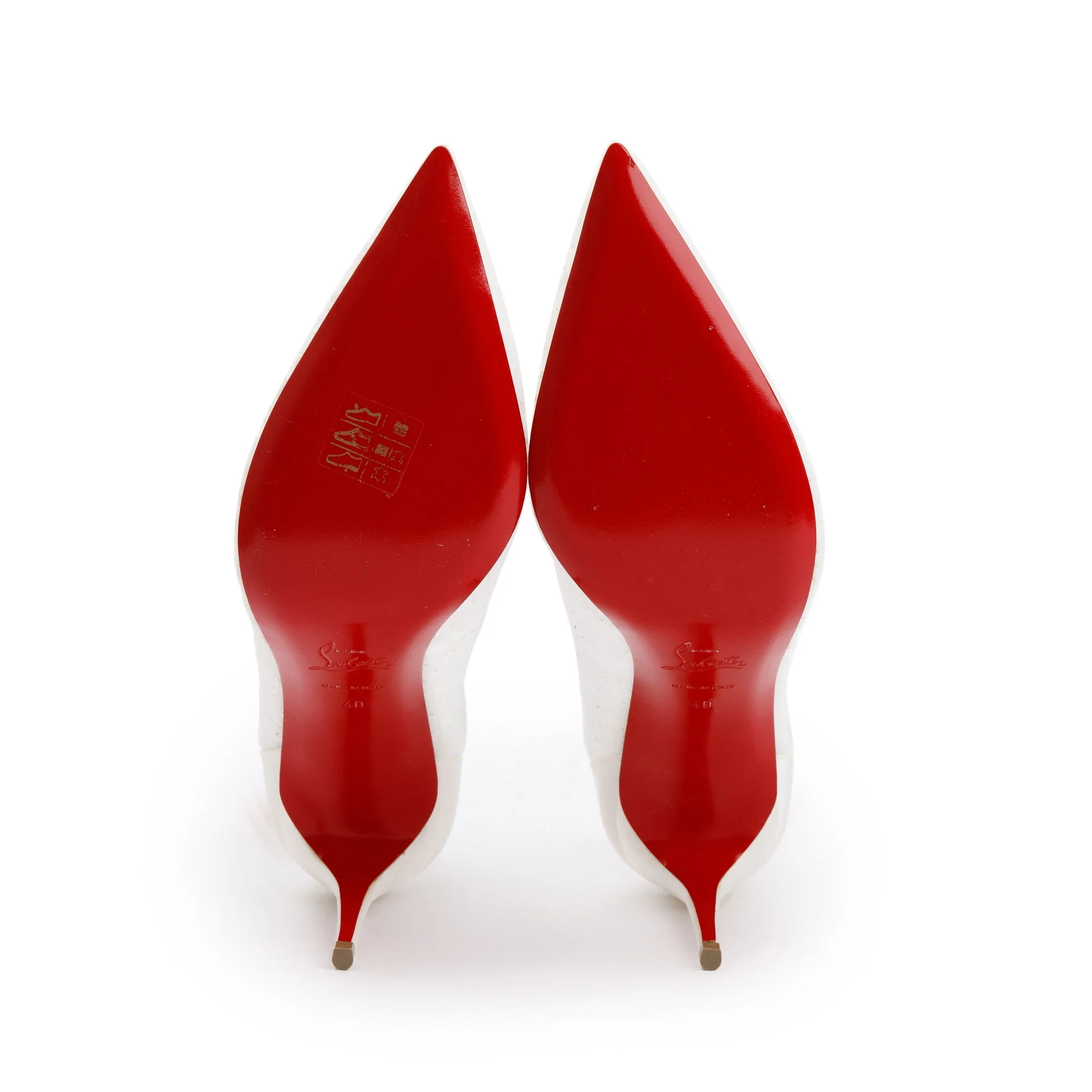 Christian Louboutin White Satin Lace Glitter Kate Draperia Pumps, Size 40 w/ Box - Image 7
