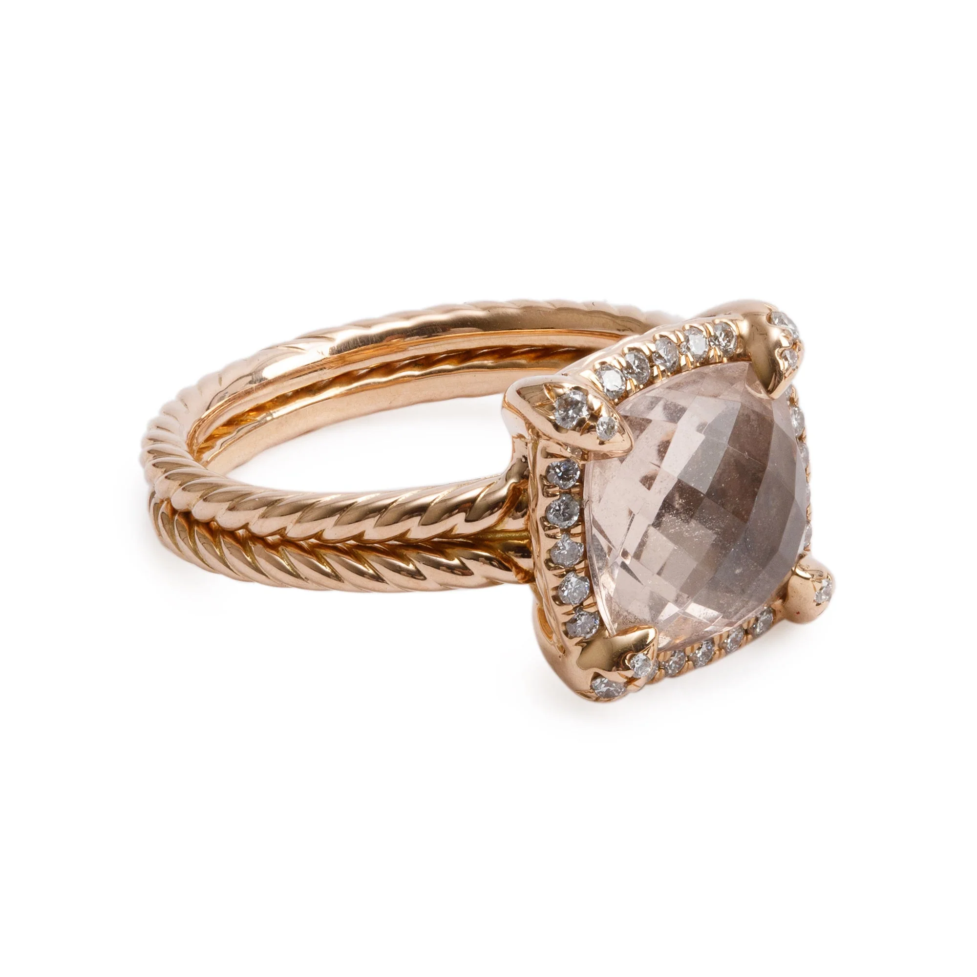 David Yurman 18k Rose Gold 9 MM Morganite & Diamond Chatelaine Ring, Size 6 w/ Box & Receipt - Image 3