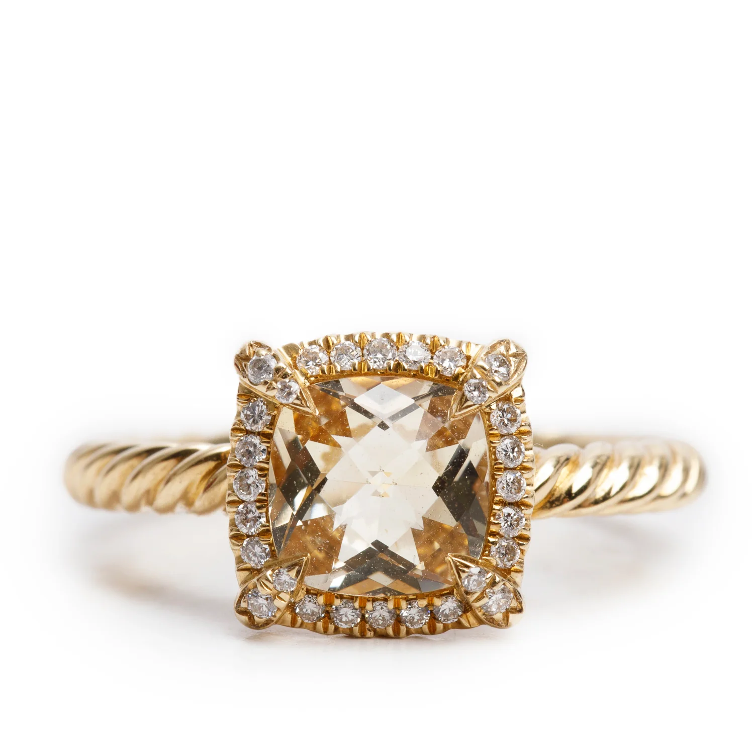 David Yurman 18k Yellow Gold Champagne Citrine & Diamond Petite Chatelaine Ring, Size 6 w/ Box