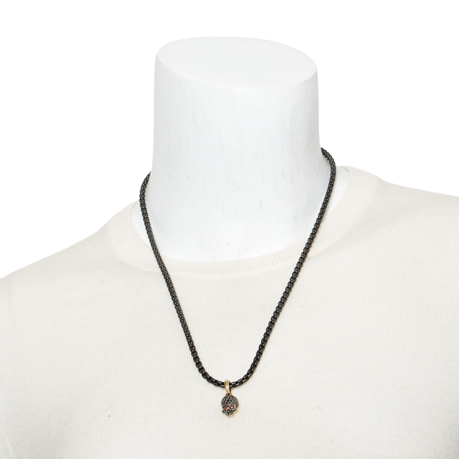 David Yurman 18k Yellow Gold Pave Black Diamond & Ruby Memento Mori Skull Amulet with 4MM Darkened Stainless Steel Box Chain - Image 5
