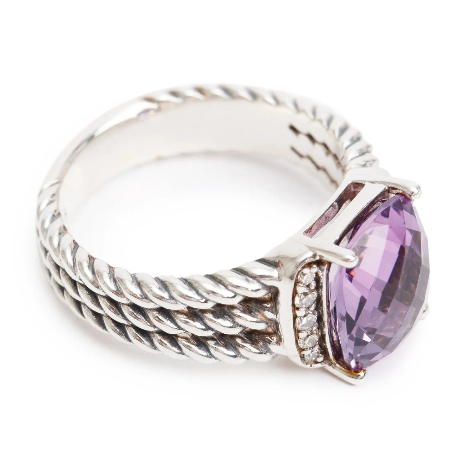 David Yurman Sterling Amethyst & Diamond Petite Wheaton Band Ring, 10 MM Size 5.75 - Image 3