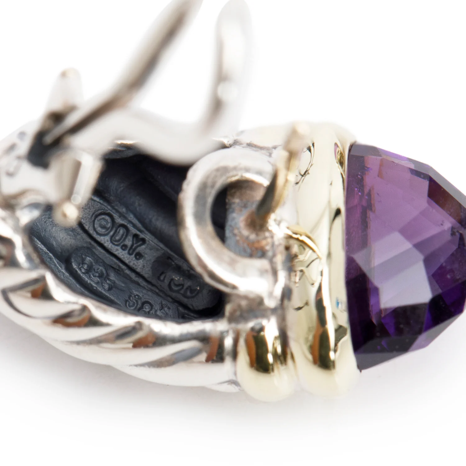 David Yurman Sterling Silver & 14k Yellow Gold Amethyst Shrimp Earrings - Image 3