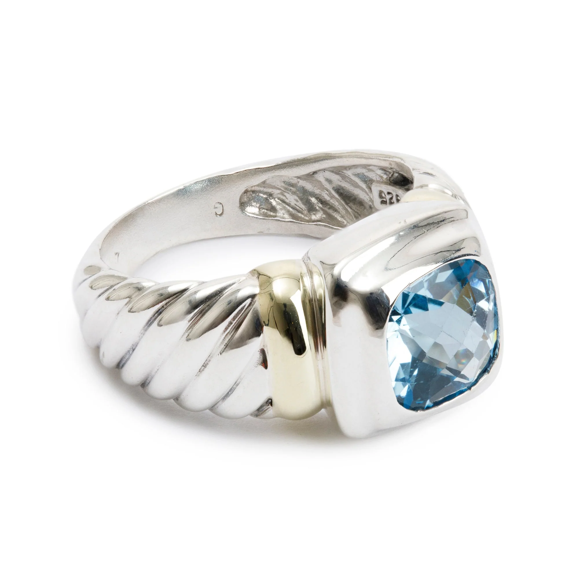 David Yurman Sterling Silver & 14k Yellow Gold Blue Topaz Sculpted Cable Cocktail Ring, Size 6 - Image 4