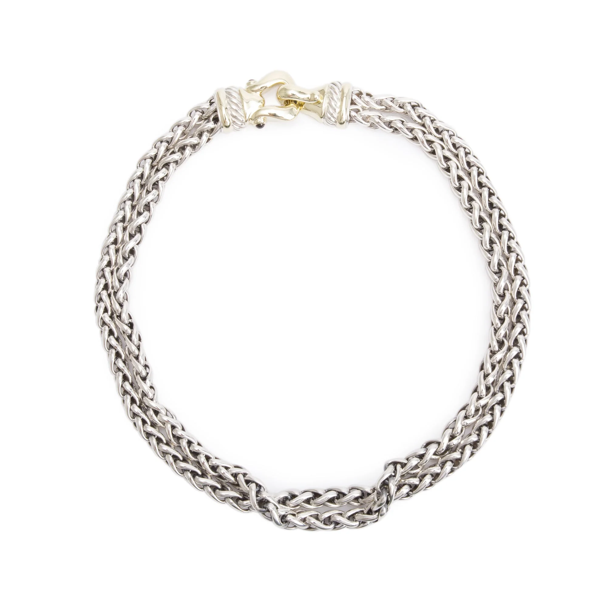 David Yurman Sterling Silver & 14k Yellow Gold Garnet Double Strand Wheat Chain Necklace - Image 3