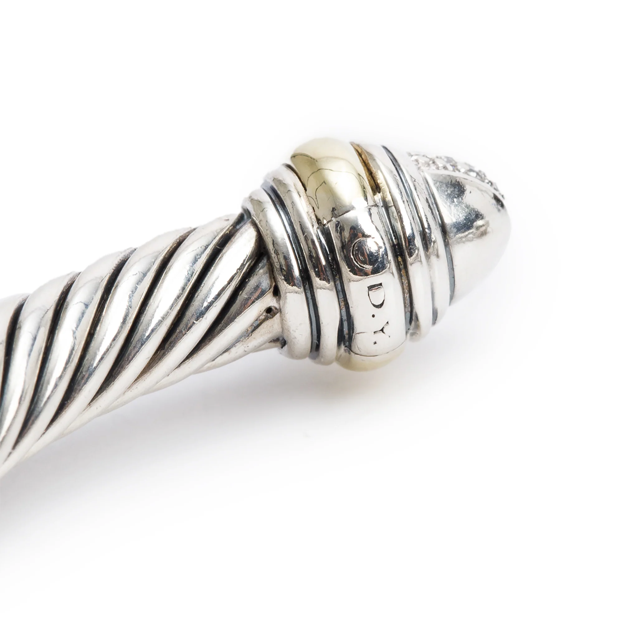 David Yurman Sterling Silver & 14k Yellow Gold Pave Diamond Dome 5 MM Classic Cable Bracelet - Image 2