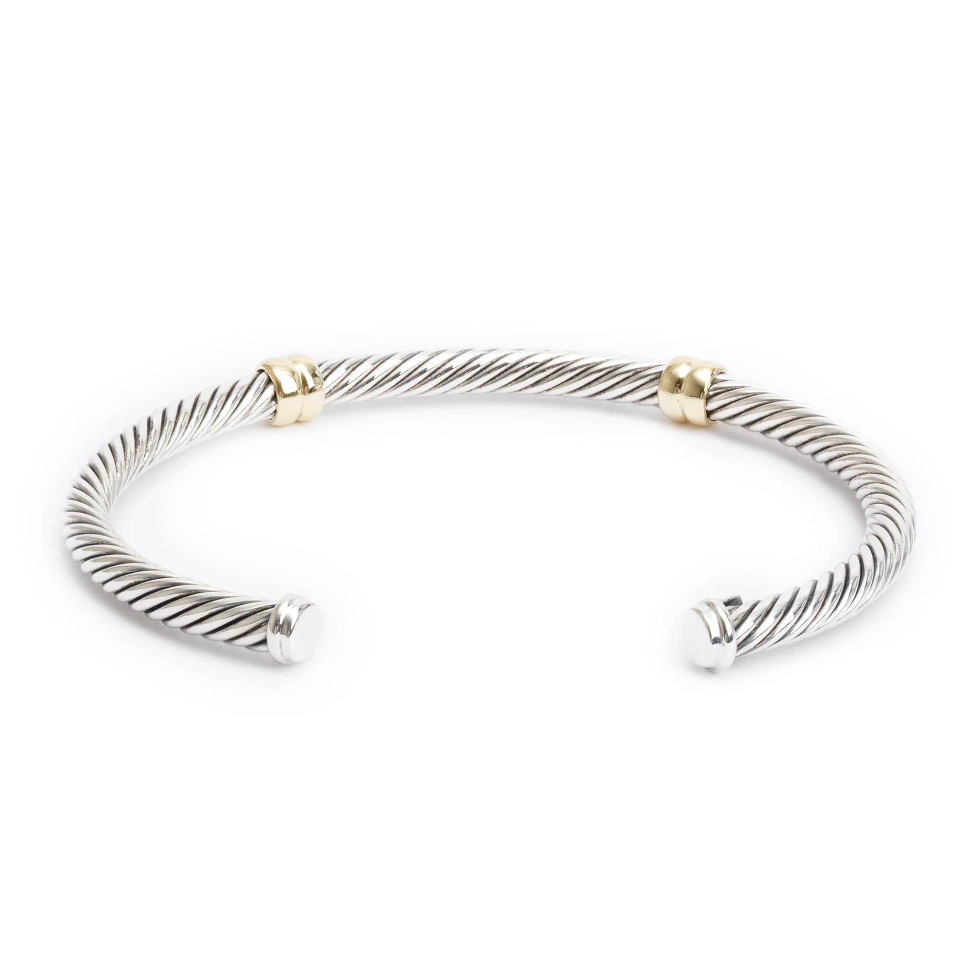 David Yurman Sterling Silver & 18k Yellow Gold 4 MM Double Station Cable Cuff Bracelet - Image 2