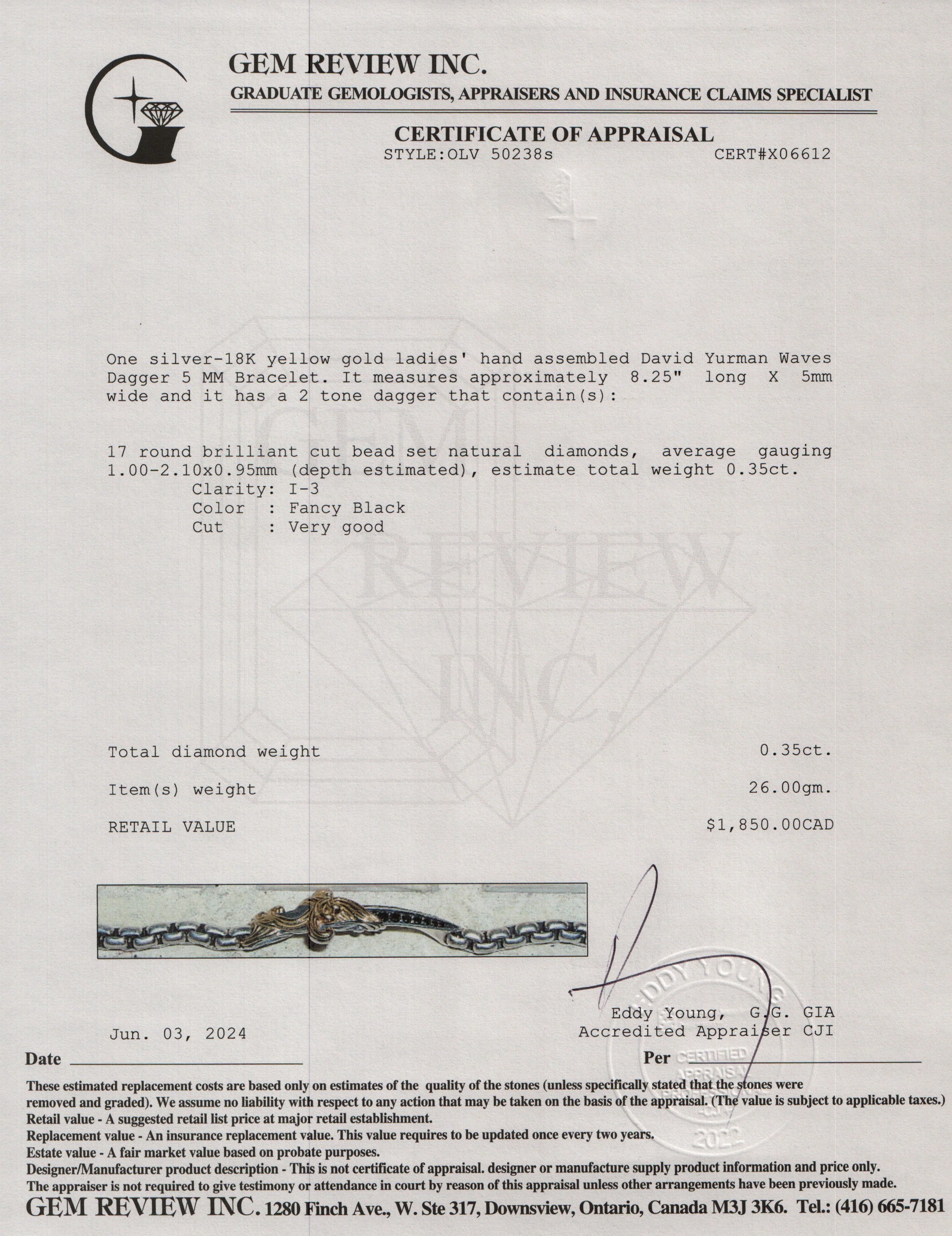 David Yurman Sterling Silver & 18k Yellow Gold Black Diamond Waves Dagger 5 MM Bracelet - Image 5