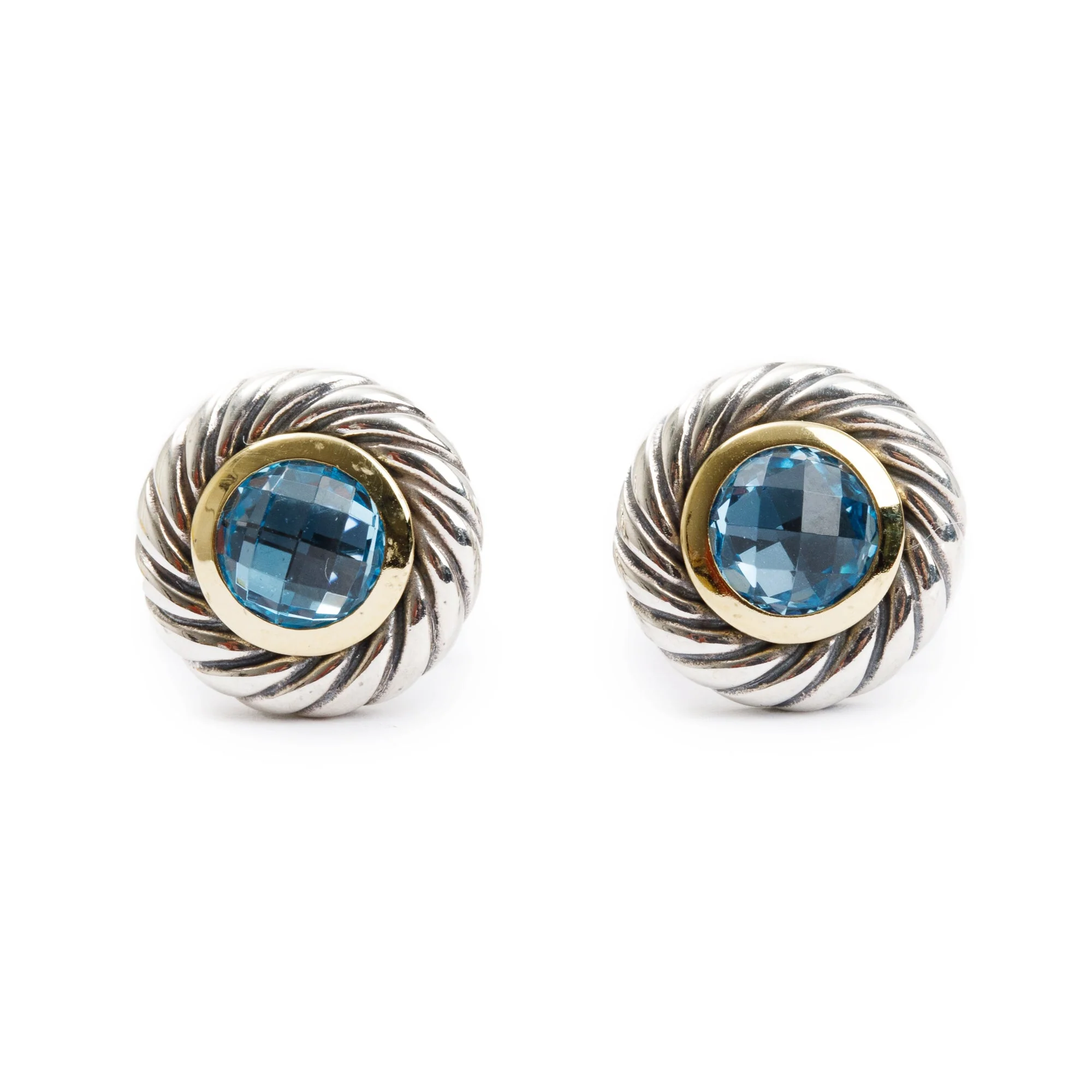 David Yurman Sterling Silver & 18k Yellow Gold Blue Topaz Color Classic Cookie Stud Earrings