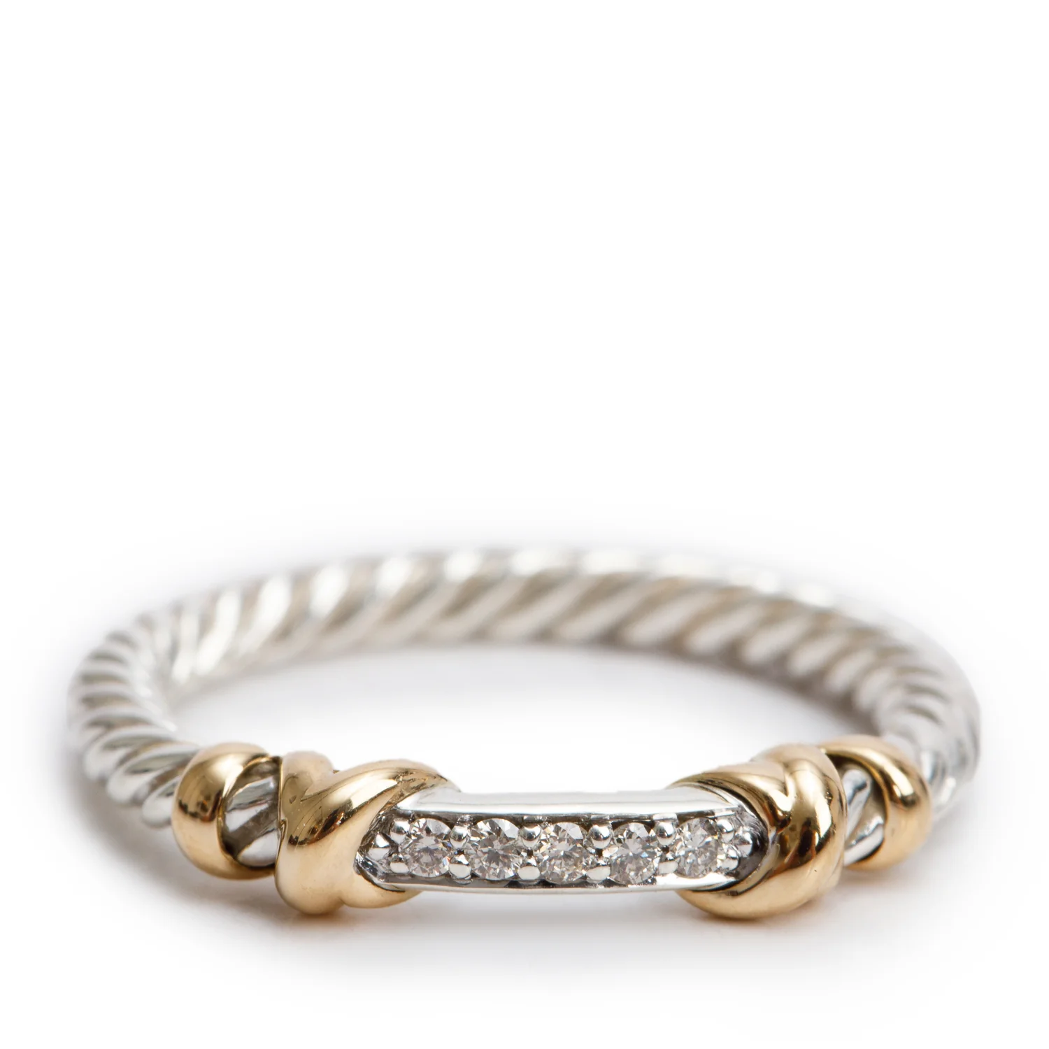 David Yurman Sterling Silver & 18k Yellow Gold Diamond Petite Helena Wrap Band Ring, Size 7 w/ Box