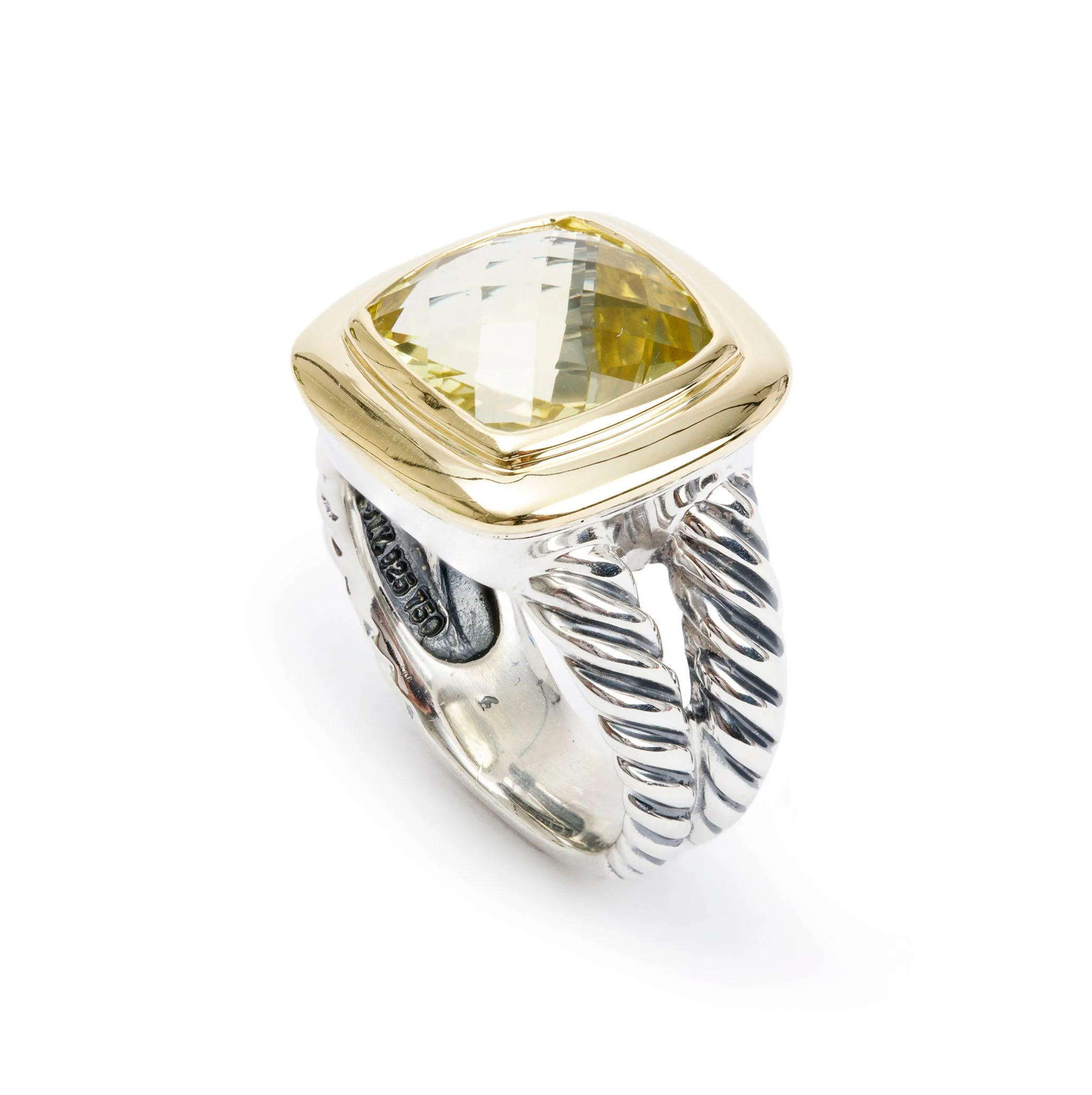 David Yurman Sterling Silver & 18k Yellow Gold Lemon Quartz Albion Ring, Size 6 - Image 3