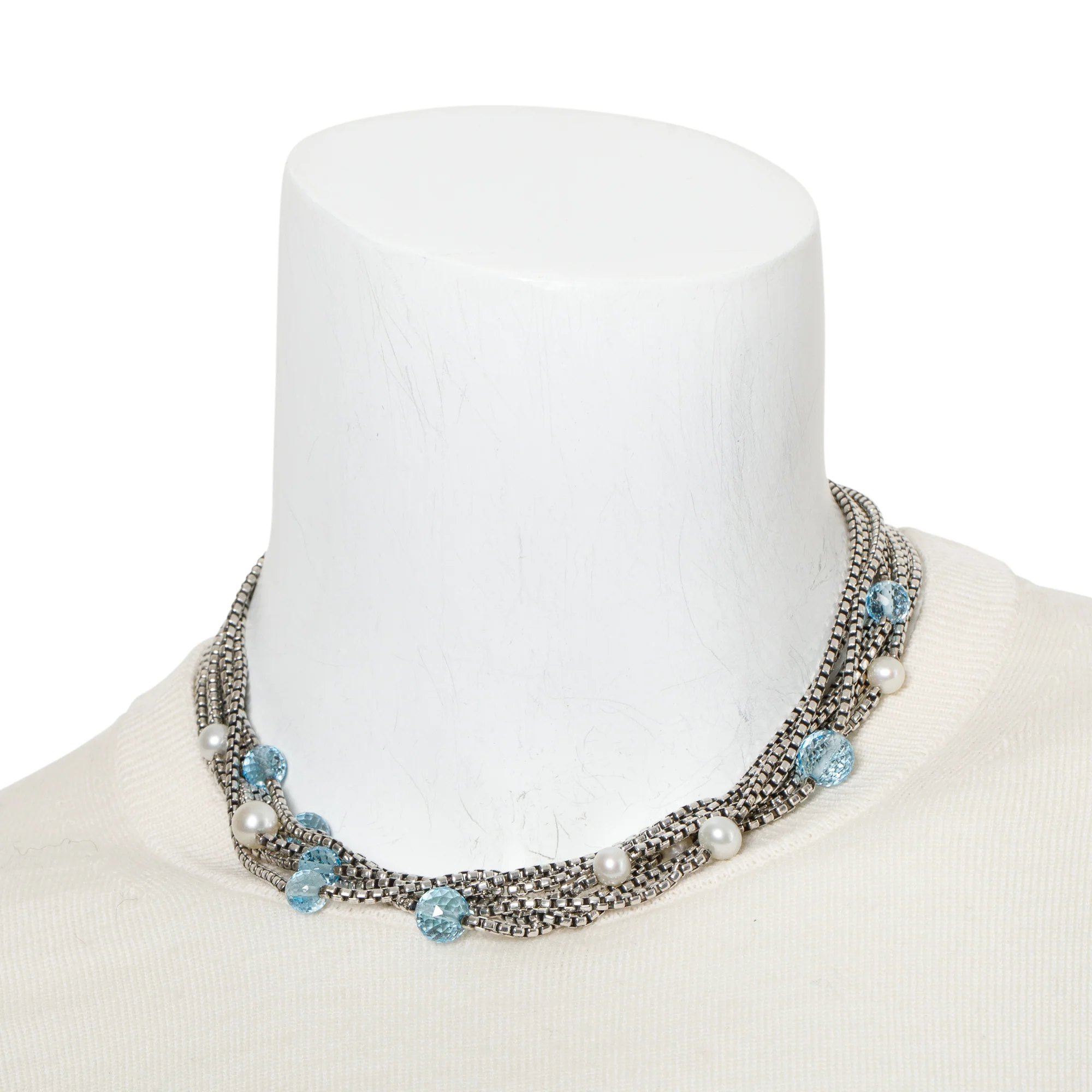 David Yurman Sterling Silver & 18k Yellow Gold Pearl & Blue Topaz Multistrand Necklace - Image 2