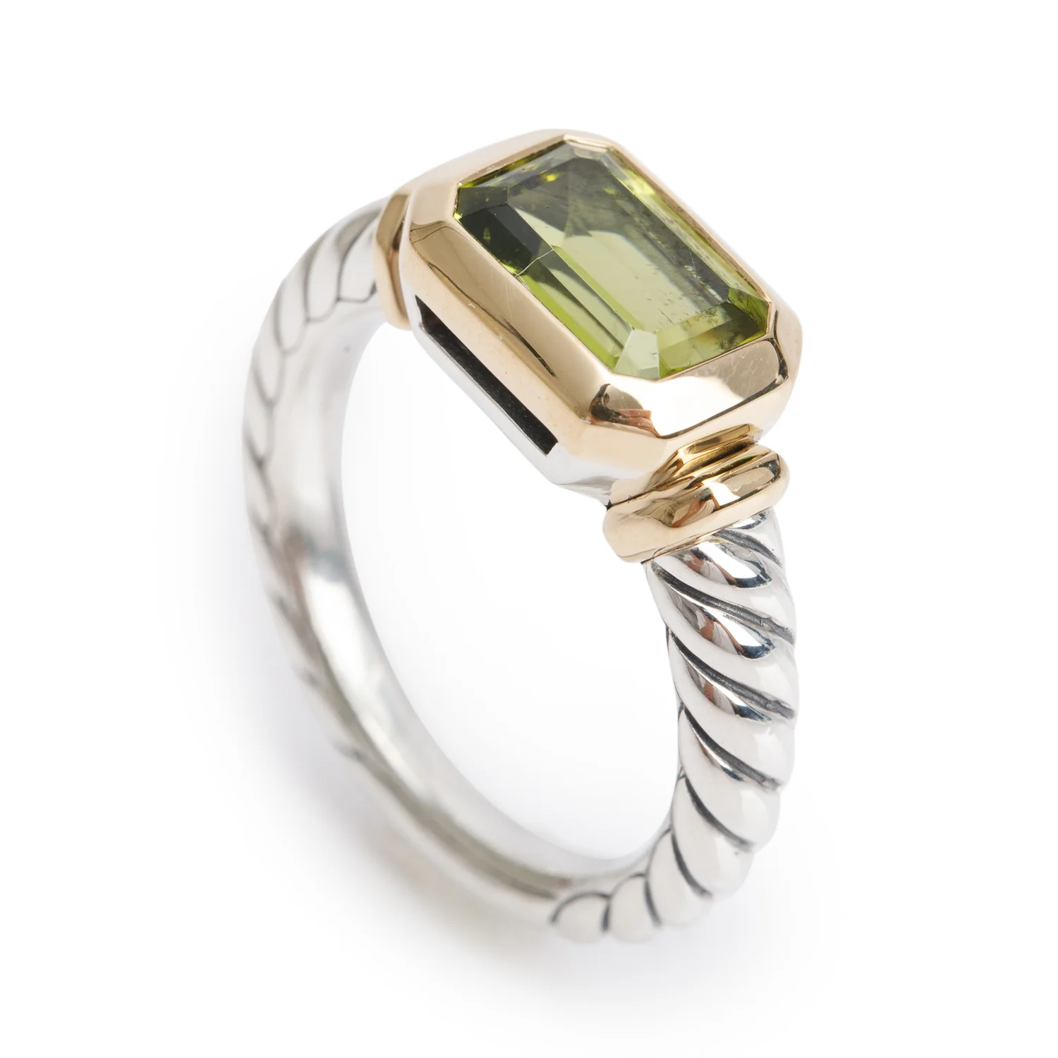David Yurman Sterling Silver & 18k Yellow Gold Peridot Novella Ring, Size 6.75 - Image 4